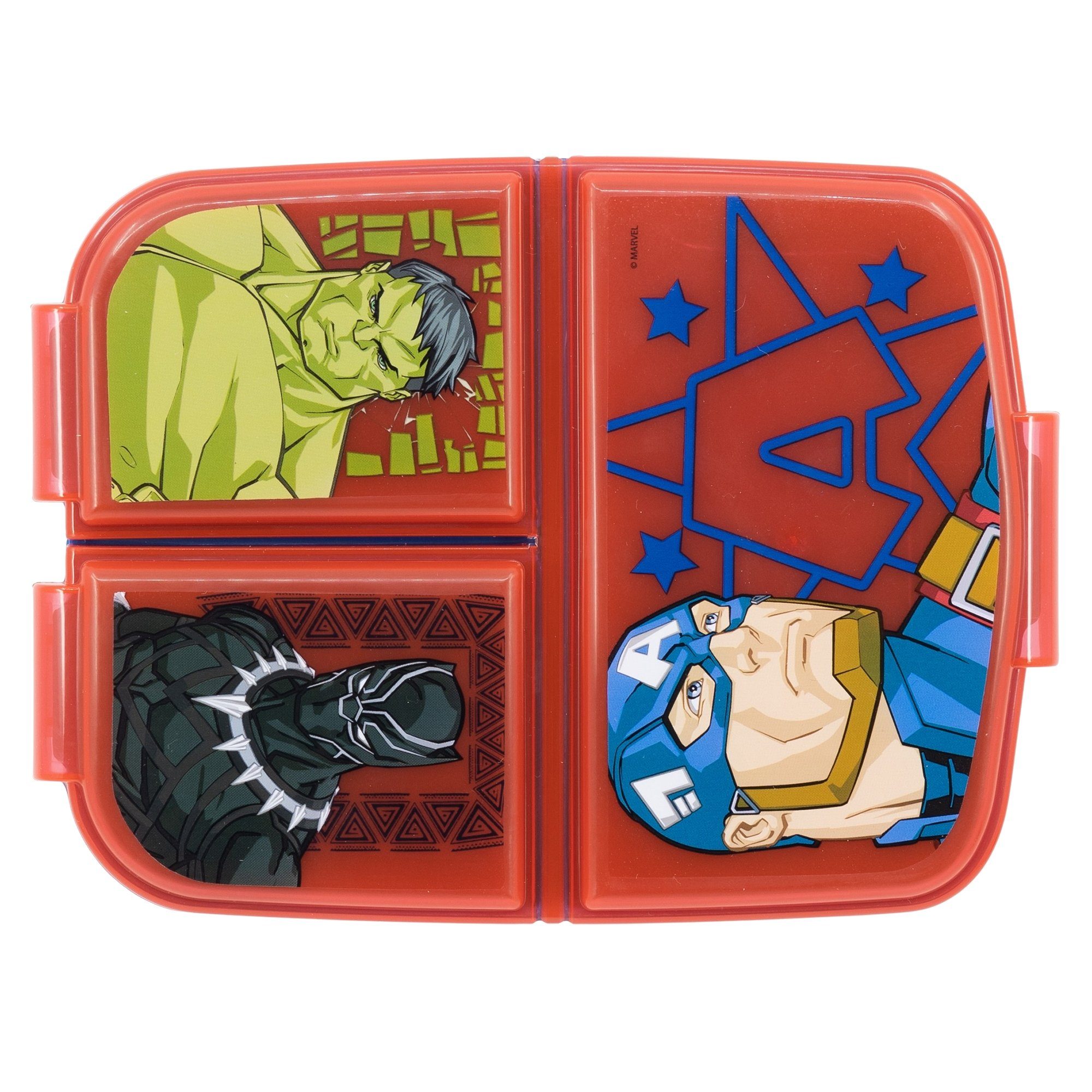 MARVEL Lunchbox Marvel Avengers Kinder Lunch Set 4tlg, (4-tlg), 3 Kammern Brotdose Alu-Trinkflasche Besteck