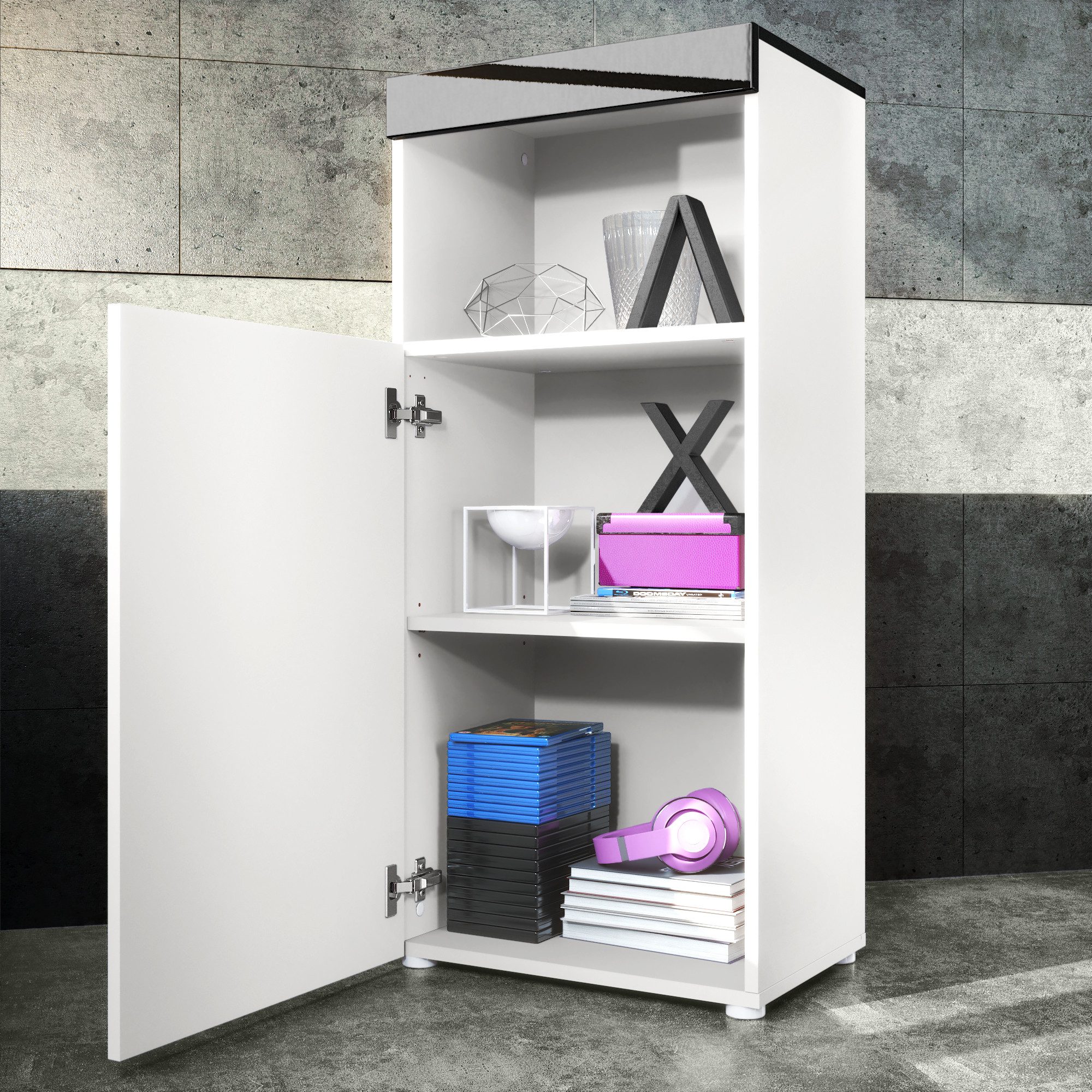 Vladon Standvitrine Pure (Vitrine, Korpus, Denim matt Front ohne LED Beleuchtung) Farbige oberfront