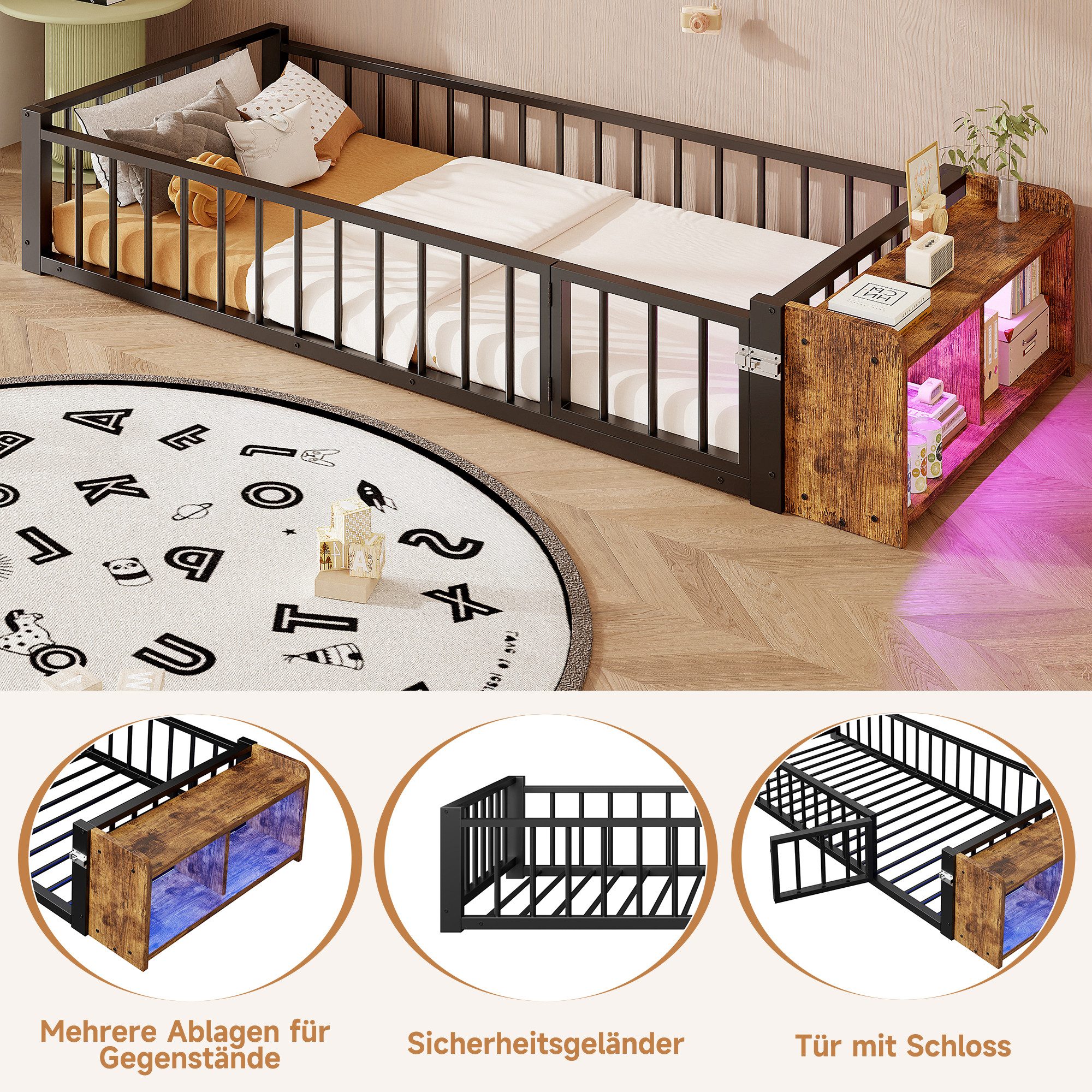 REDOM Kinderbett mit Schutzgeländer und offenem Staufach, Metallbett (stabiler Eisenrahmen, Jugendbett Funktionsbett, 90x200 cm), ohne Matratze