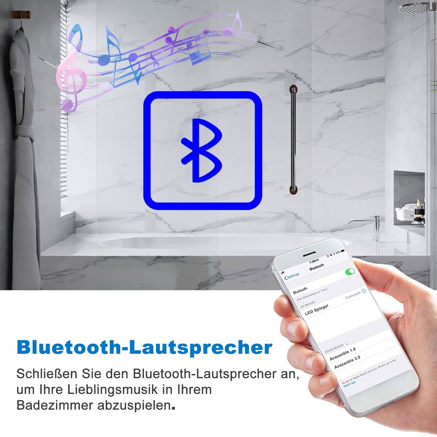 duschspa Badspiegel Badezimmerspigel Kalt/Neutral/Warmweiß Dimmbar Beschlagfrei, Bluetooth – Bild 4 von 5