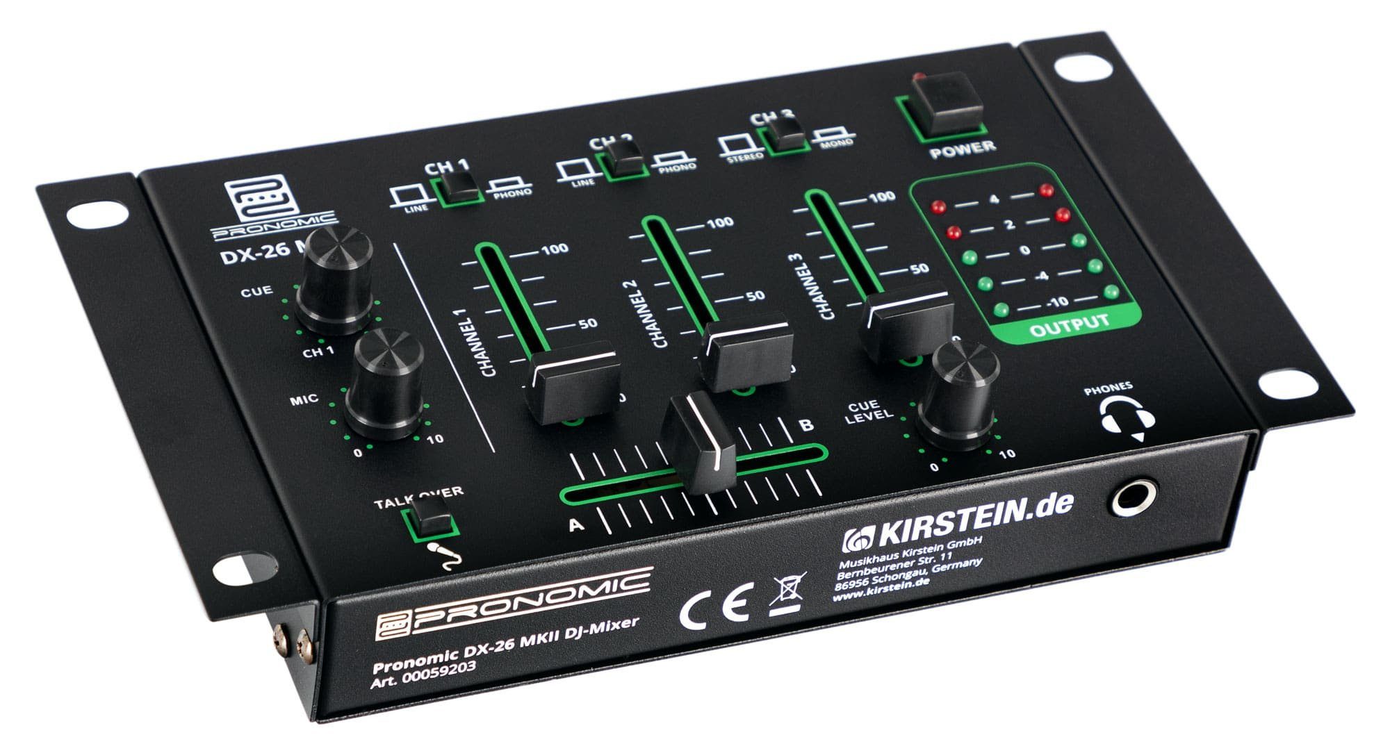 Pronomic DJ Controller DX-26 MKII DJ-Mixer - 3-Kanal Mischer mit Cue-Funktion, (Talkover-Funktion), 2x Line/Phono-Kanal - Mikrofon- Kopfhöreranschluss