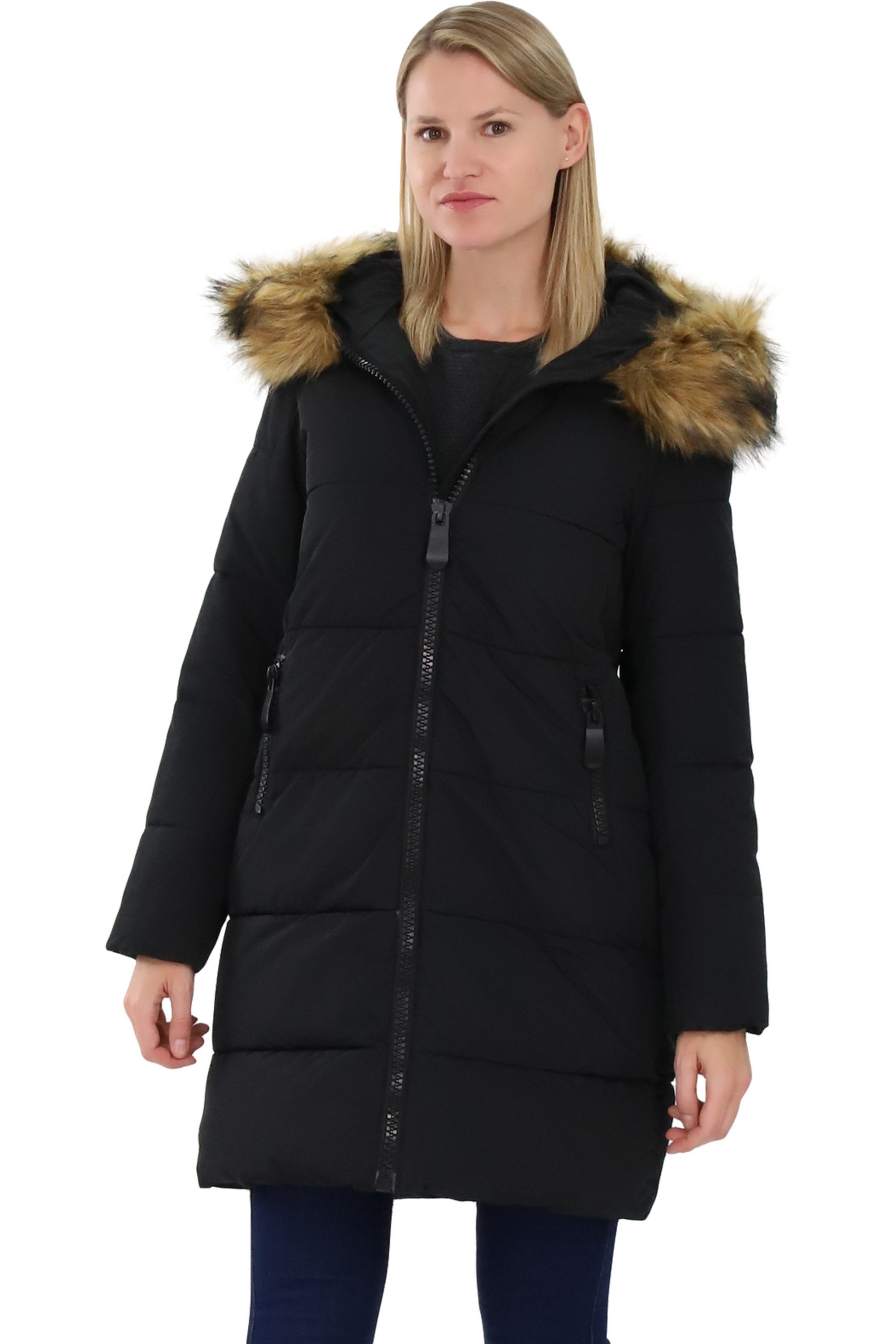 malito more than fashion Steppjacke malito Damen Steppmantel, wattierter Wintermantel, Jacke mit Kapuze gefütterte Winterjacke mit Kunstfell Kapuze