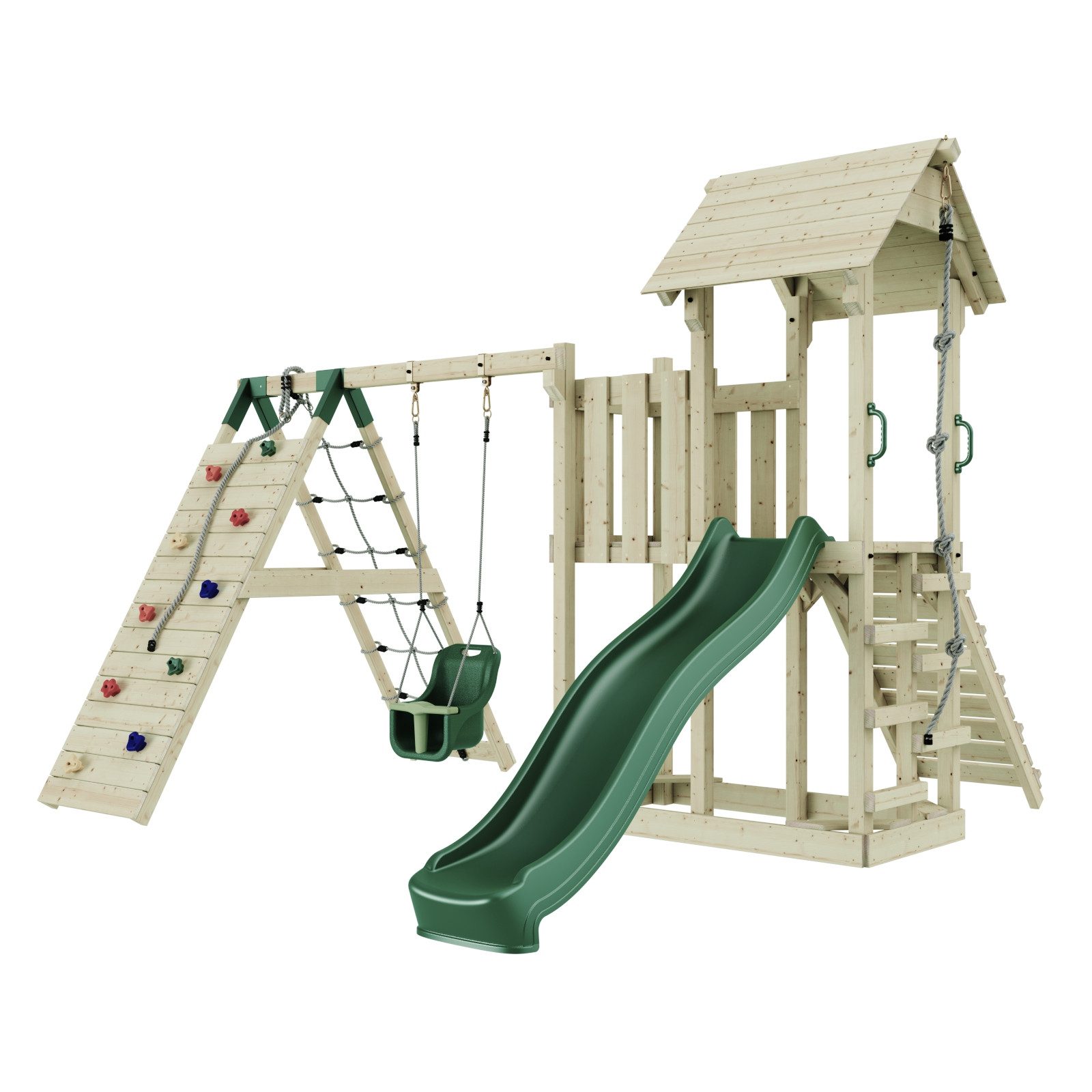 OutdoorToys Spielturm Farö, aus Holz in Smaragdgrün mit Babyschaukel & Rutsche, Kletterwand