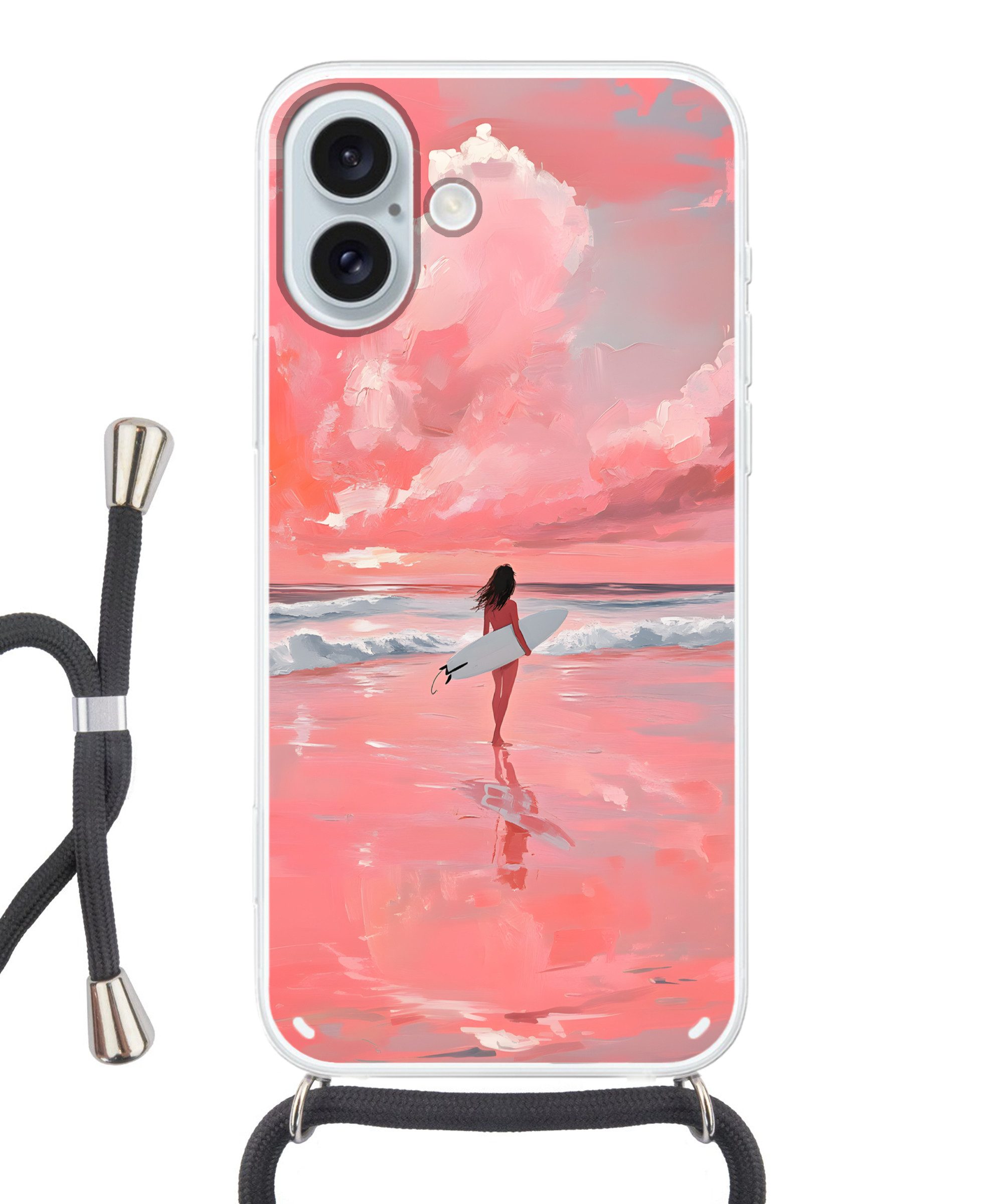 MuchoWow Handyhülle für Apple iPhone 16 Plus Rosa - Surfen - Meer, Tragbare Handyhüllen mit Kette zum umhängen, Handykette Handyband