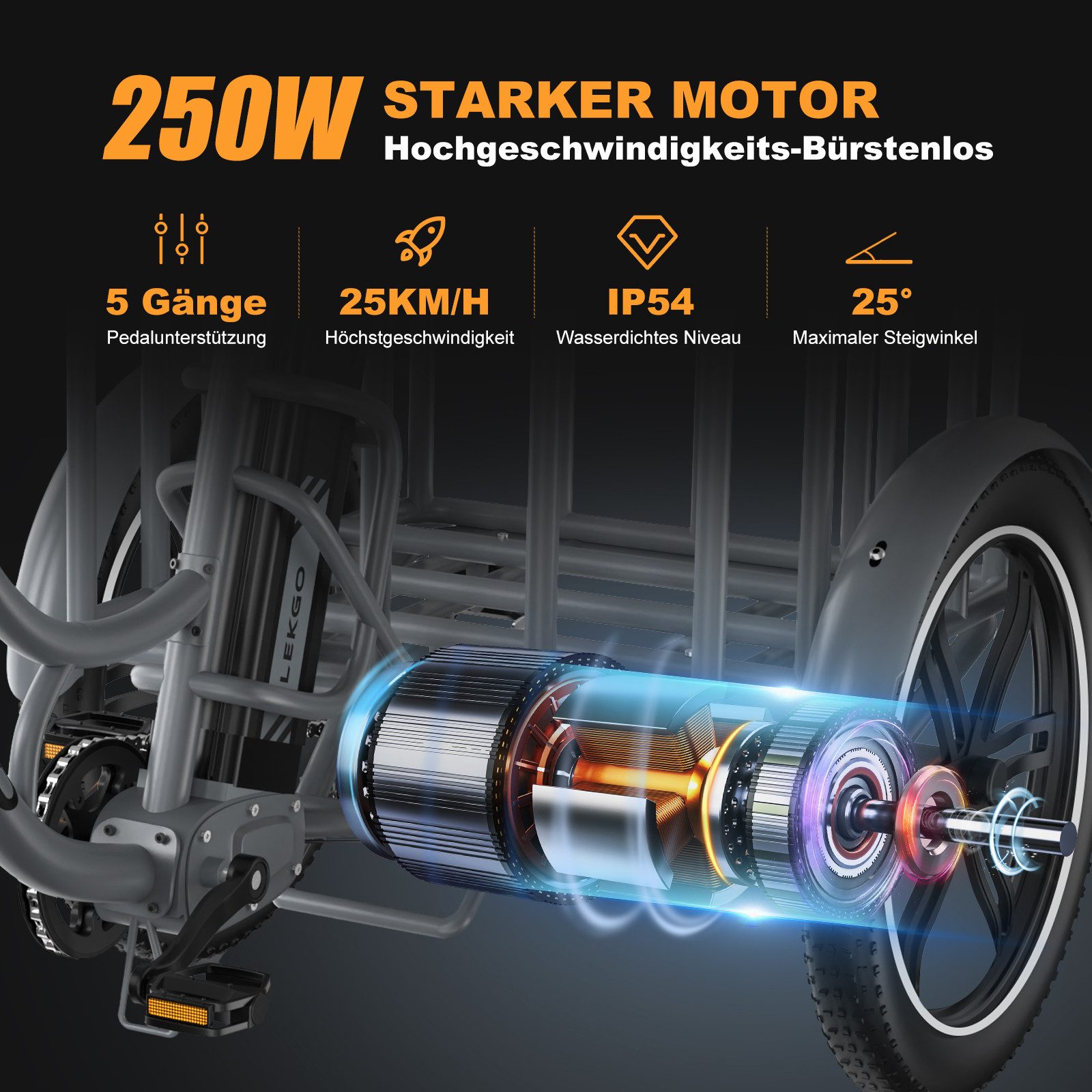 ELEKGO E-Bike Elektrisches Dreirad 20*3,0 zoll E-Dreirad Cargo mit 48V18Ah Akku Lastenfahrrad, 1 Gang, Kettenschaltung, Heckmotor, 864 Wh, Mit Körben vorne und  – Bild 2 von 5