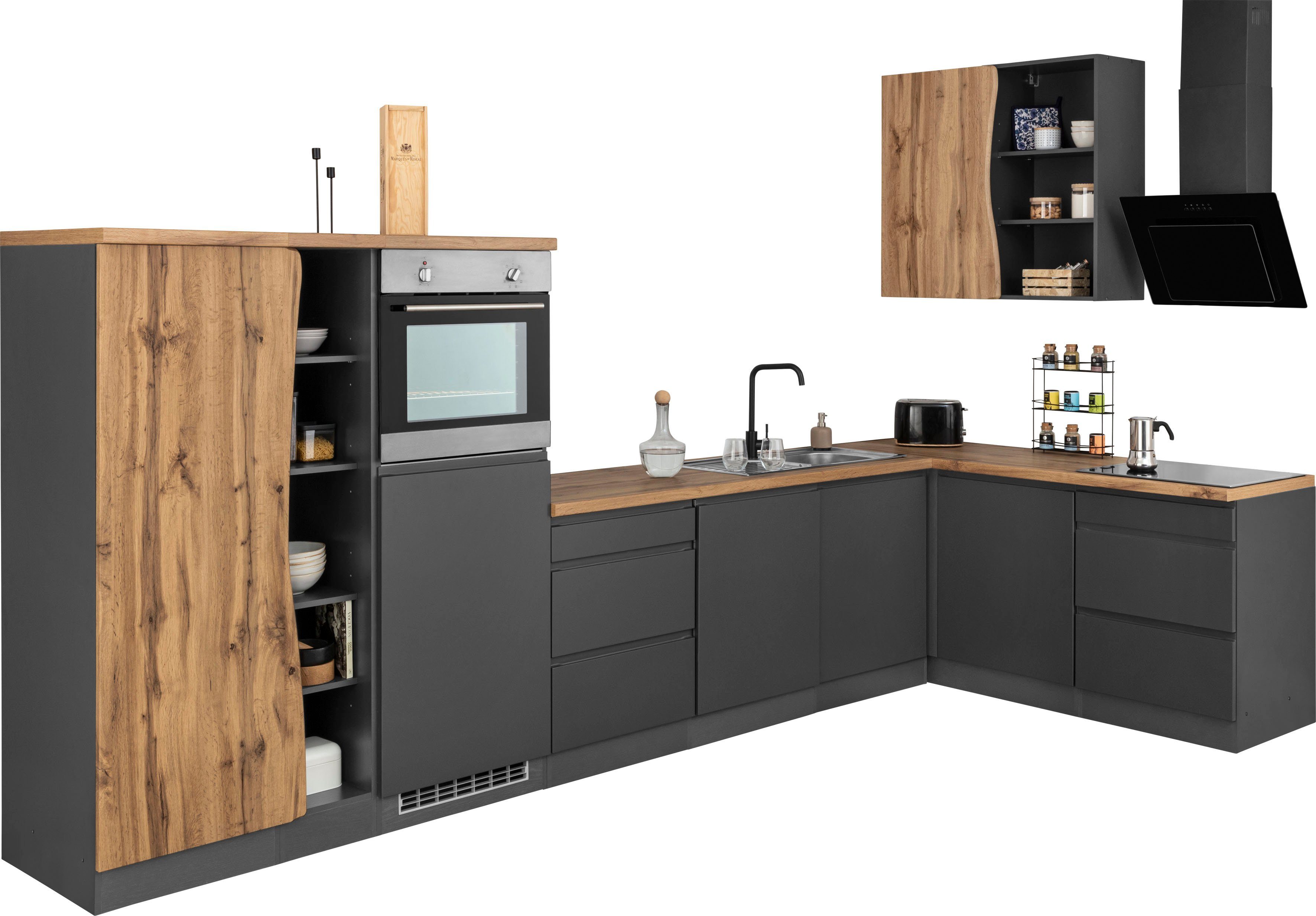 Kochstation Küche KS-Bruneck, Stellbreite 380/180 cm breit, ohne E-Geräten, MDF Fronten