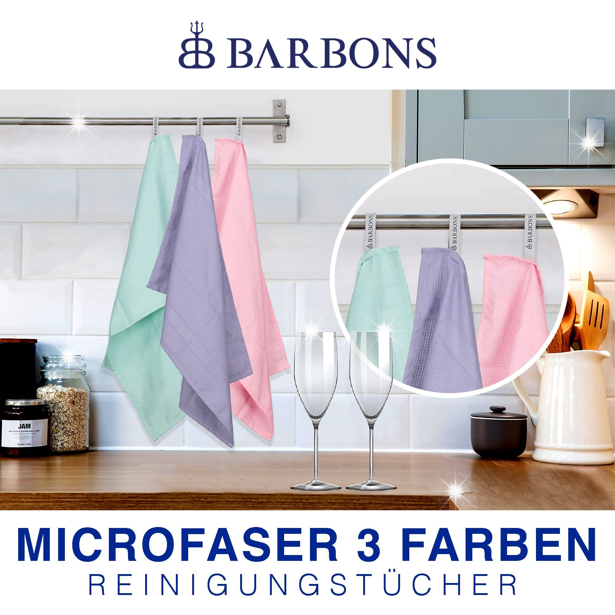 BARBONS Mikrofasertücher Geschirrtücher cm, Auto) Fenstertücher Mikrofaser, (100% Mikrofasertuch 60x40 Staubfrei 3-tlg., Streifenfrei, 1 Packung, Allzwecktücher Allzwecktücher, Rosa/Mint/Flieder