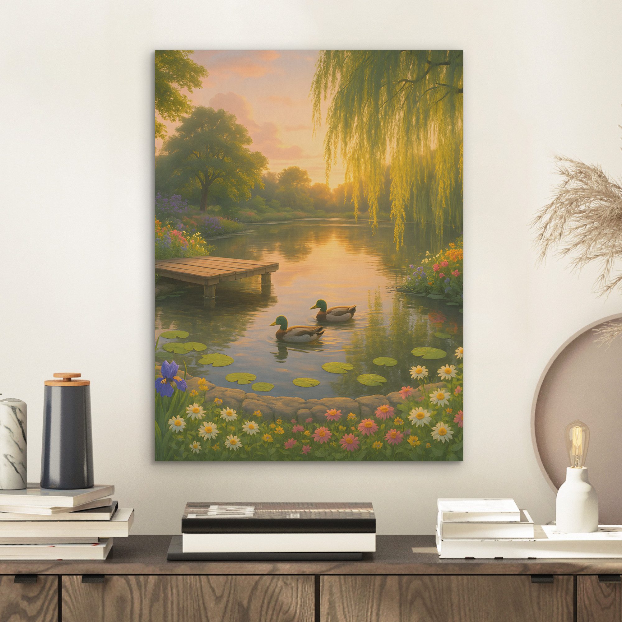 MuchoWow Gemälde Enten - Teich - Blumen, Fotodruck (1 St), Akustikpaneele, Wandpaneele, Schalldämmung, Akustikbilder 30x40 cm
