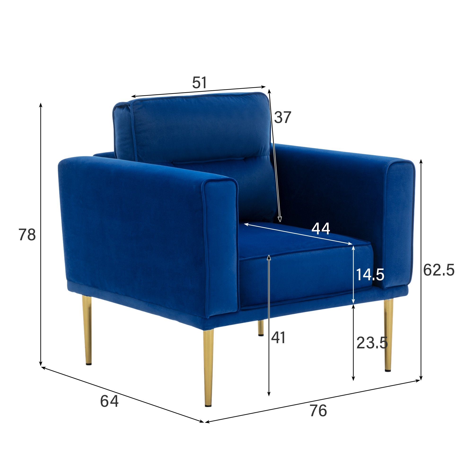 mit Sitzkissen und Sessel Fernsehsessel, Loungesessel, blau OKWISH Roségold-Metallbeine, Samtstuhl moderner Sessel), einfacher Polster Sessel (lässiger