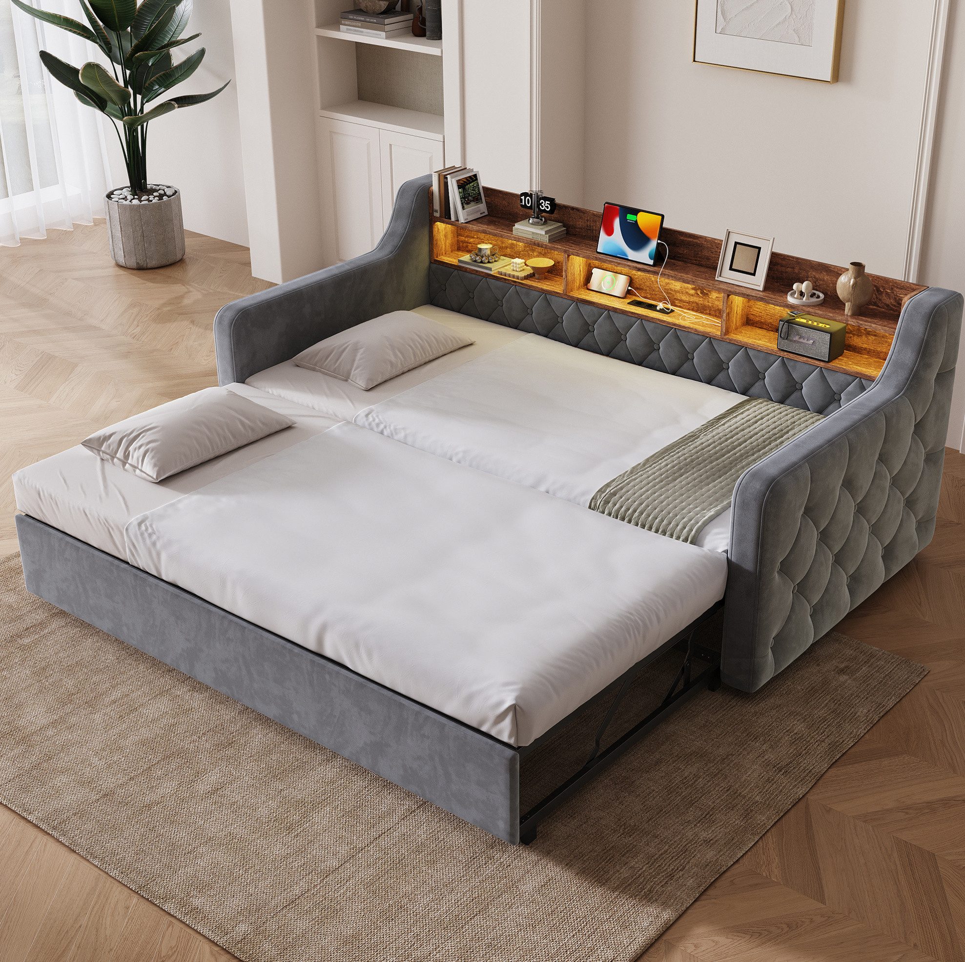 OKWISH Schlafsofa mit praktischem Ausziehmechanismus, Polsterbett, weichem Samt-Sofabezug und integriertem Stauraum im Holzkopfteil,90x190/180x190 cm ausgestattet mit LED-Licht, USB-Port, Type-C-Anschluss und stabilem Lattenrost 1 Teile, ohne Matratze