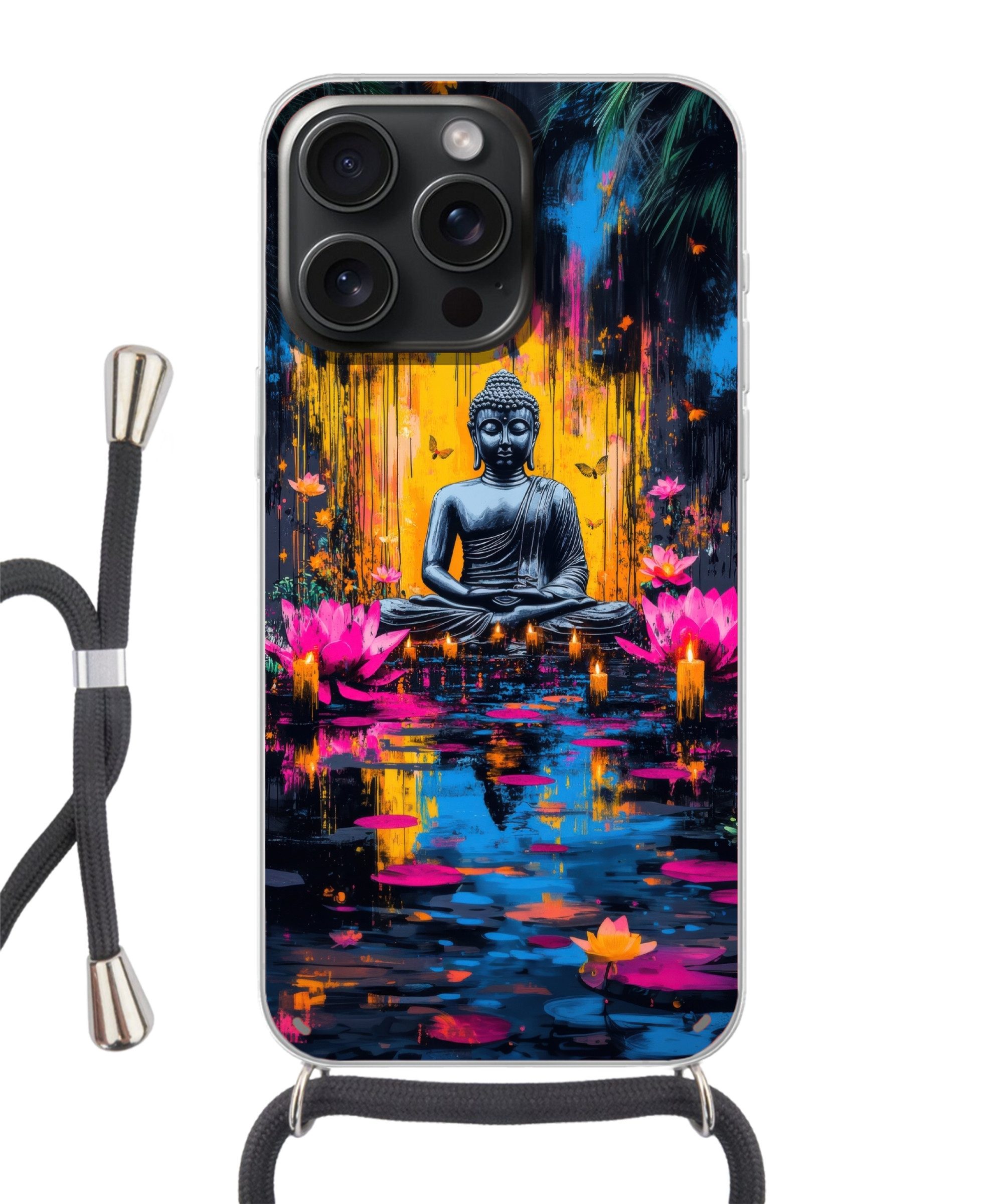 MuchoWow Handyhülle für Apple iPhone 15 Pro Max Buddha - Blumen - Kerzen - Gelb, Tragbare Handyhüllen mit Kette zum umhängen, Handykette Handyband