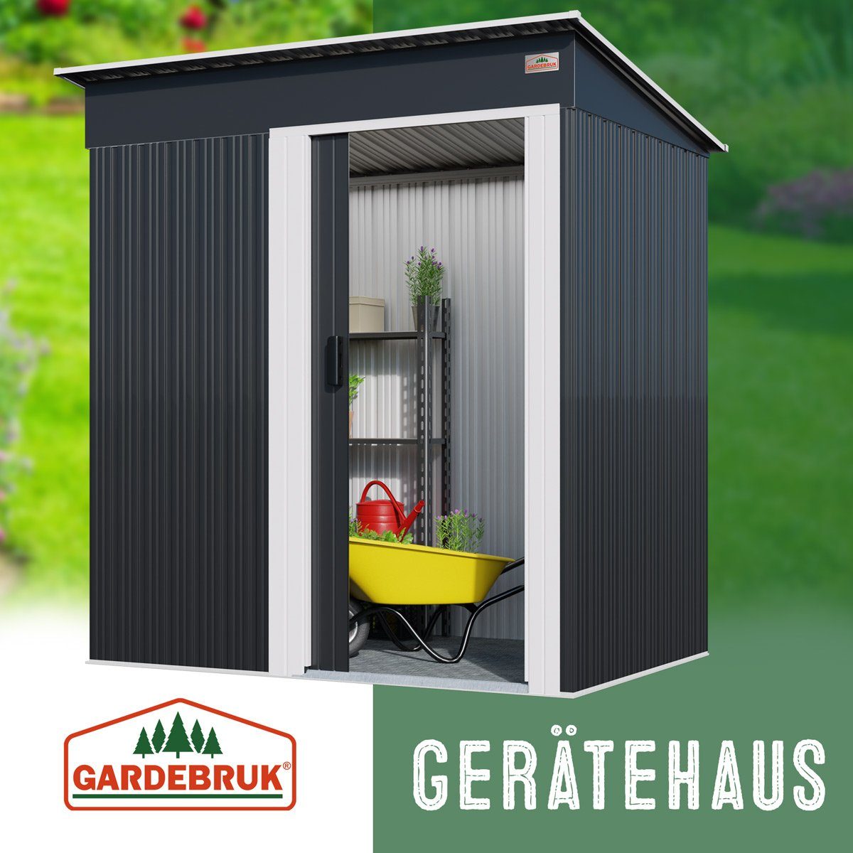 M Gardebruk Anthrazit 1,4m² Gerätehaus, 181x162x86cm verzinkter Gartenhaus Stahl Schiebetür