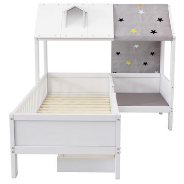 Flieks Kinderbett, Massivholz Einzelbett Hausbett mit Zeltstoff und Schublade 90x200cm