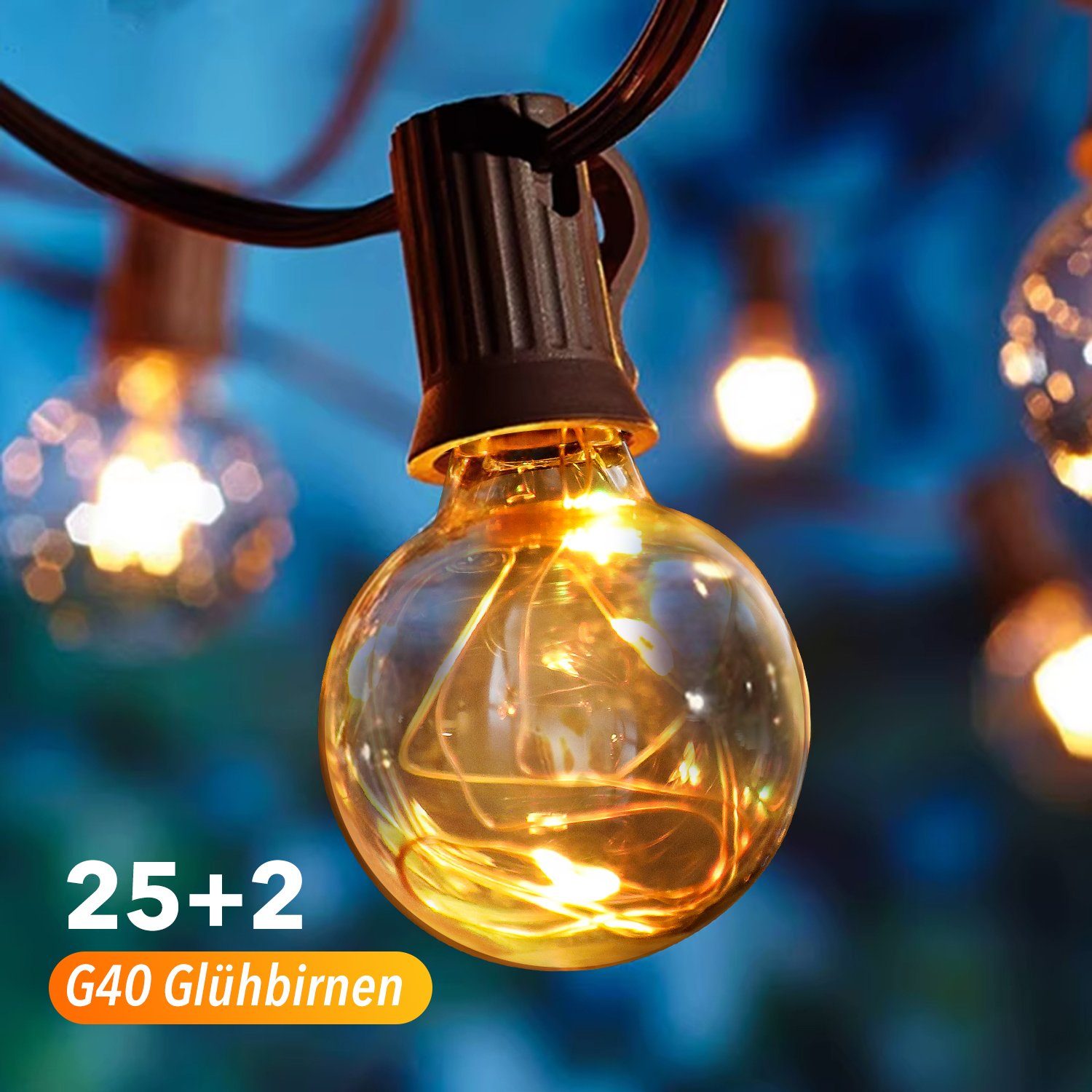 Lichterkette mit Glühbirnen, LED IP44 G40 Weihnachten, Außenbereich Halloween Lichterkette bruchsichen Lichterketten Wasserdicht 25+2 für Außen, iscooter 10M