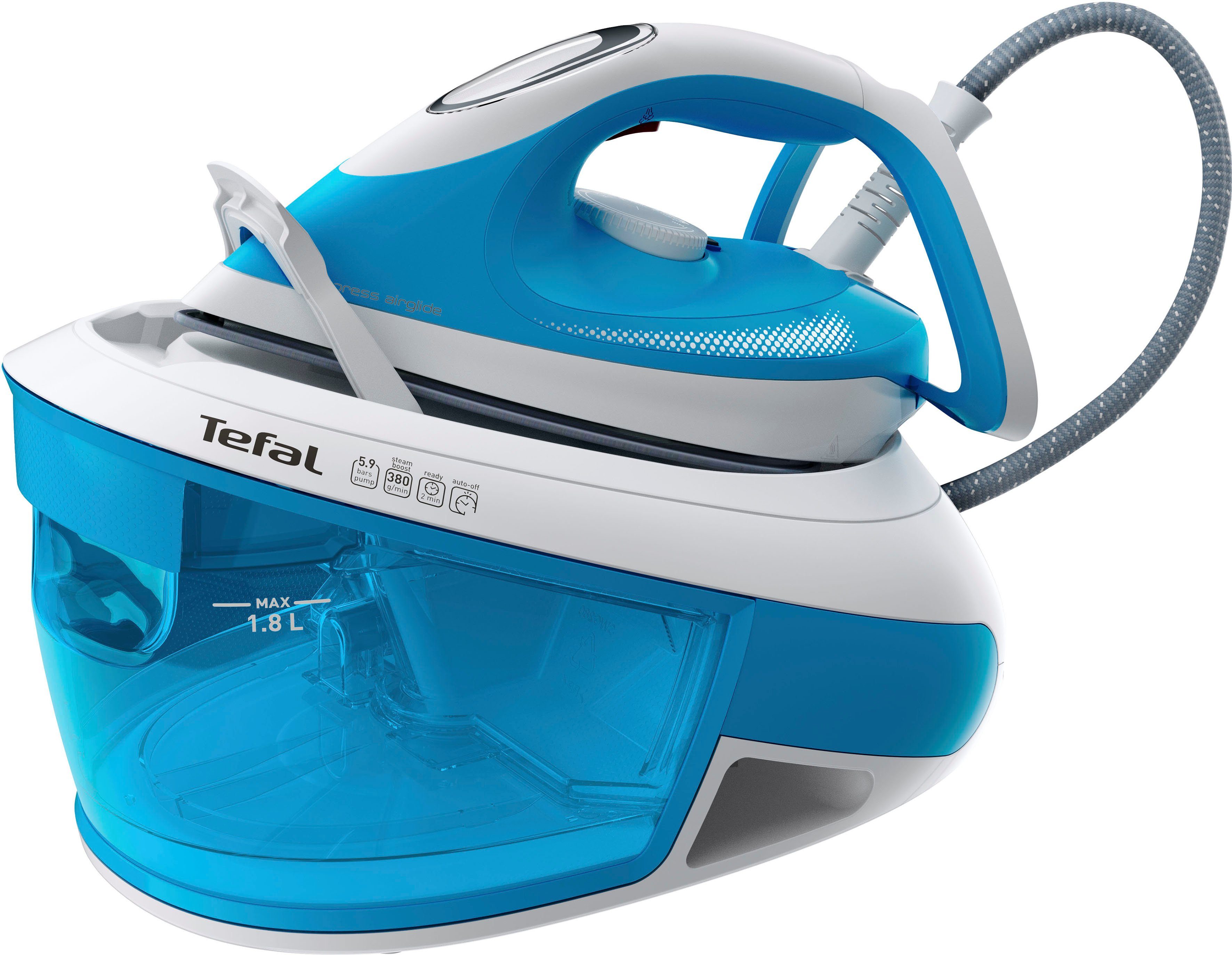 Tefal Dampfbügelstation Tefal SV8002 Express Airglide, 1800 ml Wassertank,  hohe Gleitfähigkeit, CalcClear, Verriegelungssystem, Energiesparmodus