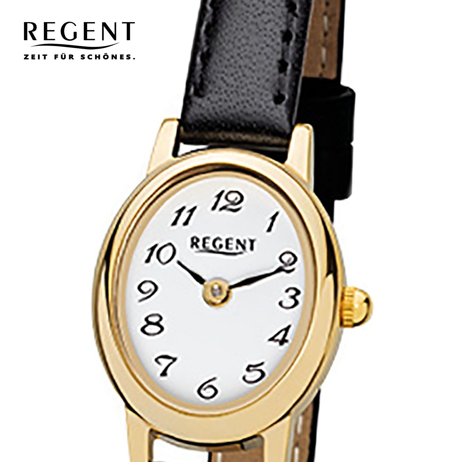 Regent Quarzuhr Regent Damen-Armbanduhr schwarz Analog, (Analoguhr), Damen Armbanduhr oval, klein (ca. 18x21mm), Lederarmband