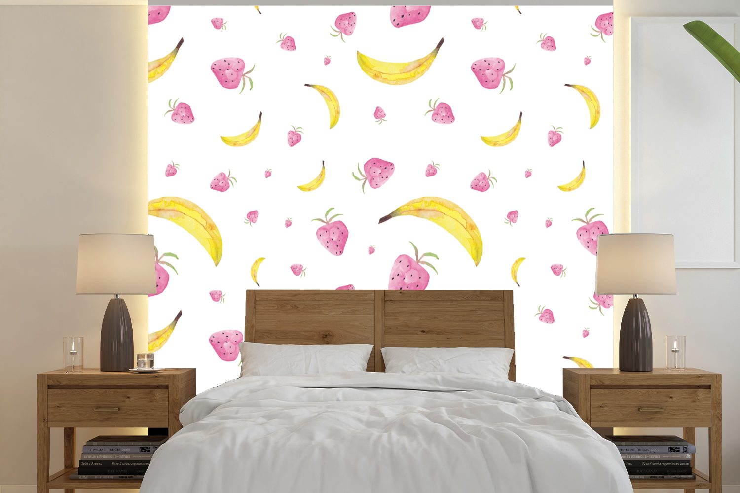 Tapete St), - Matt, - (5 Weiß Fototapete Vinyl Schlafzimmer, Wohnzimmer - Banane für Erdbeere Wandtapete bedruckt, MuchoWow Design, oder