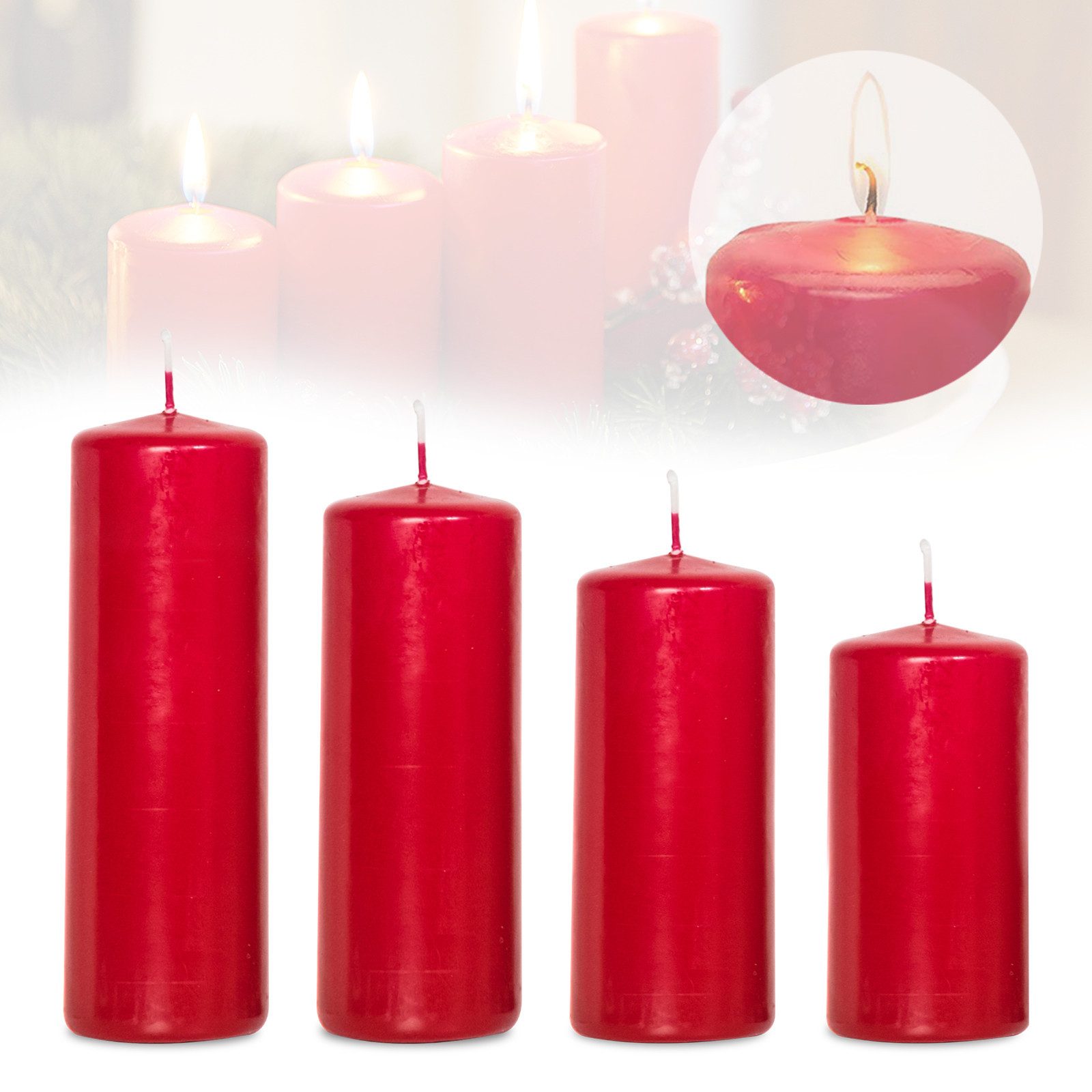Candelo Stumpenkerze Stumpenkerzen Bordeaux 4er Set – Weihnachtskerzen 12–18cm Advent