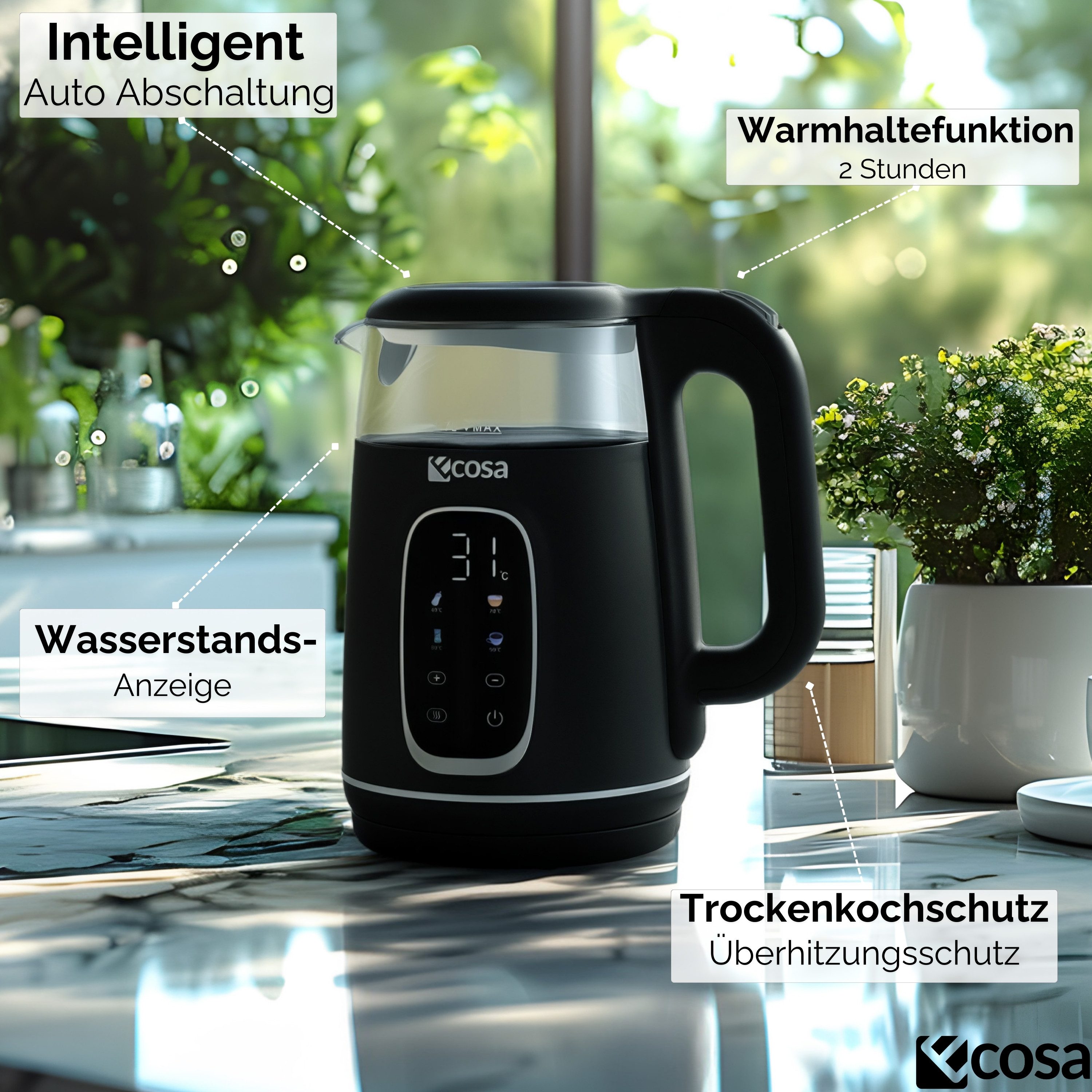 ecosa Wasserkocher EO-697, 1.7 l, 2200 W, Großes digitales Farb-Touchdisplay mit Sensortasten