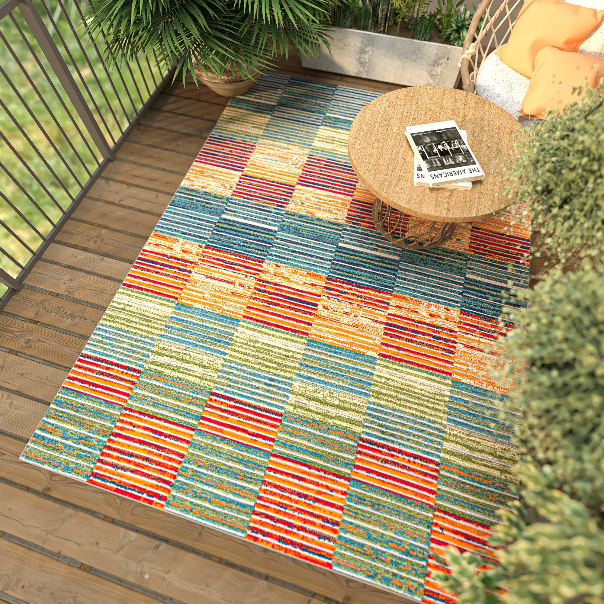 Mazovia Designteppich In- & Outdoor Teppich Wetterfest & UV-beständig Balkon - Bunt, 80 x 150 cm, Höhe 6 mm, Kurzflor, Weich, Pflegeleicht, Flachgewebe
