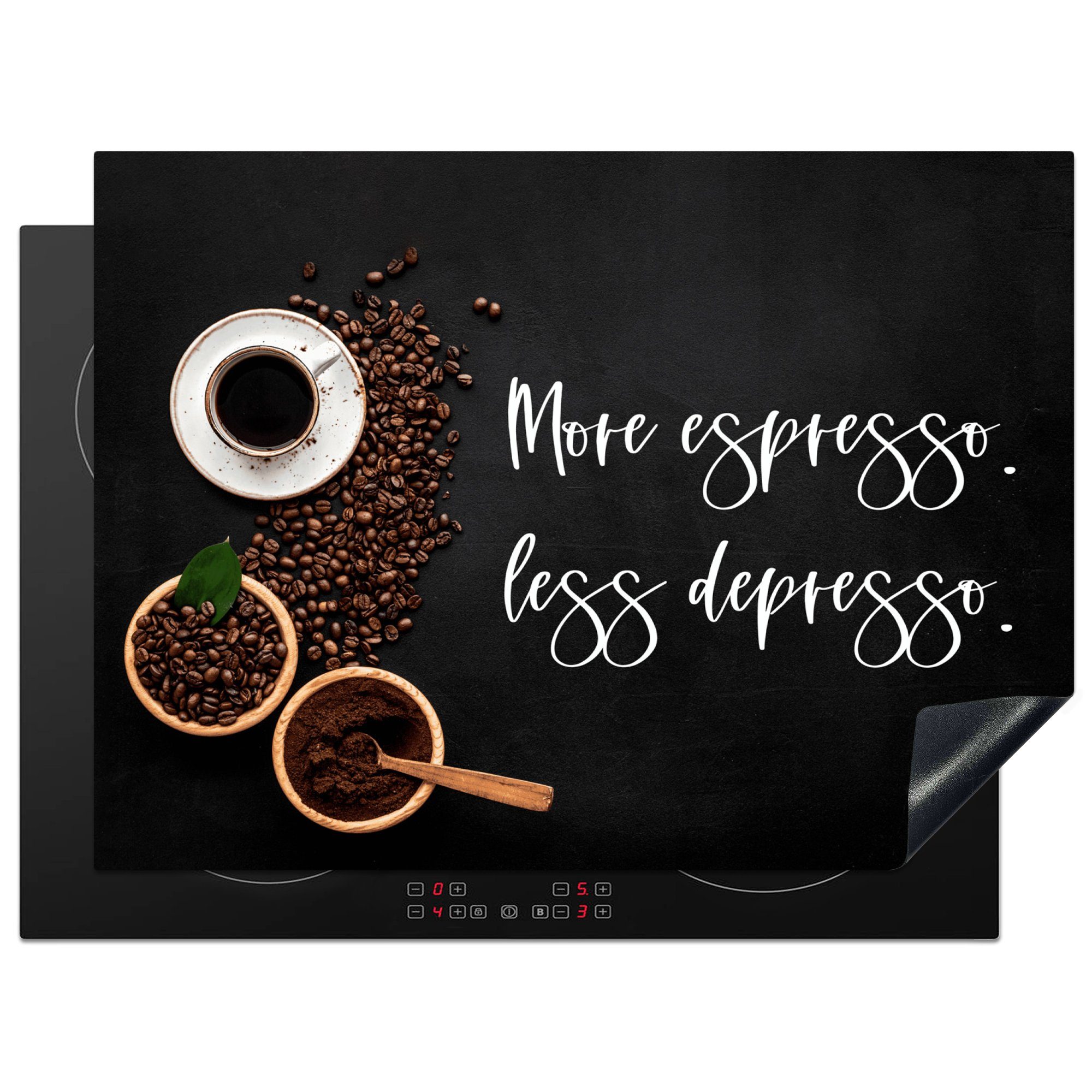 MuchoWow Herdblende-/Abdeckplatte Kaffee - Mehr Espresso weniger Depresso - Küchendekoration -, Vinyl, (1 tlg), 70x52 cm, Mobile Arbeitsfläche nutzbar, Ceranfeldabdeckung | Herdabdeckplatten