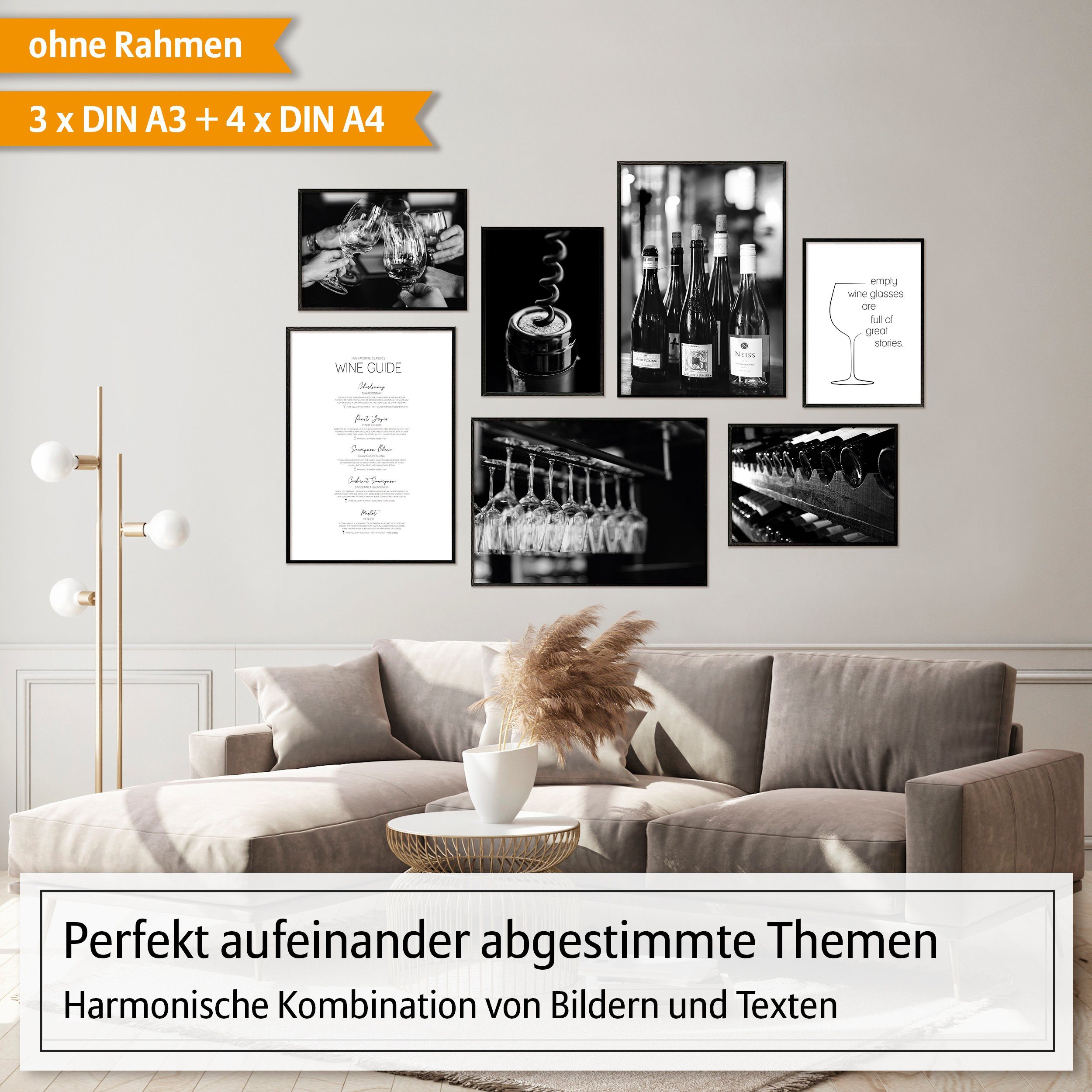 Hyggelig Home Poster Wein, Premium Poster Set OHNE & MIT Rahmen - 7 Wandbil günstig online kaufen