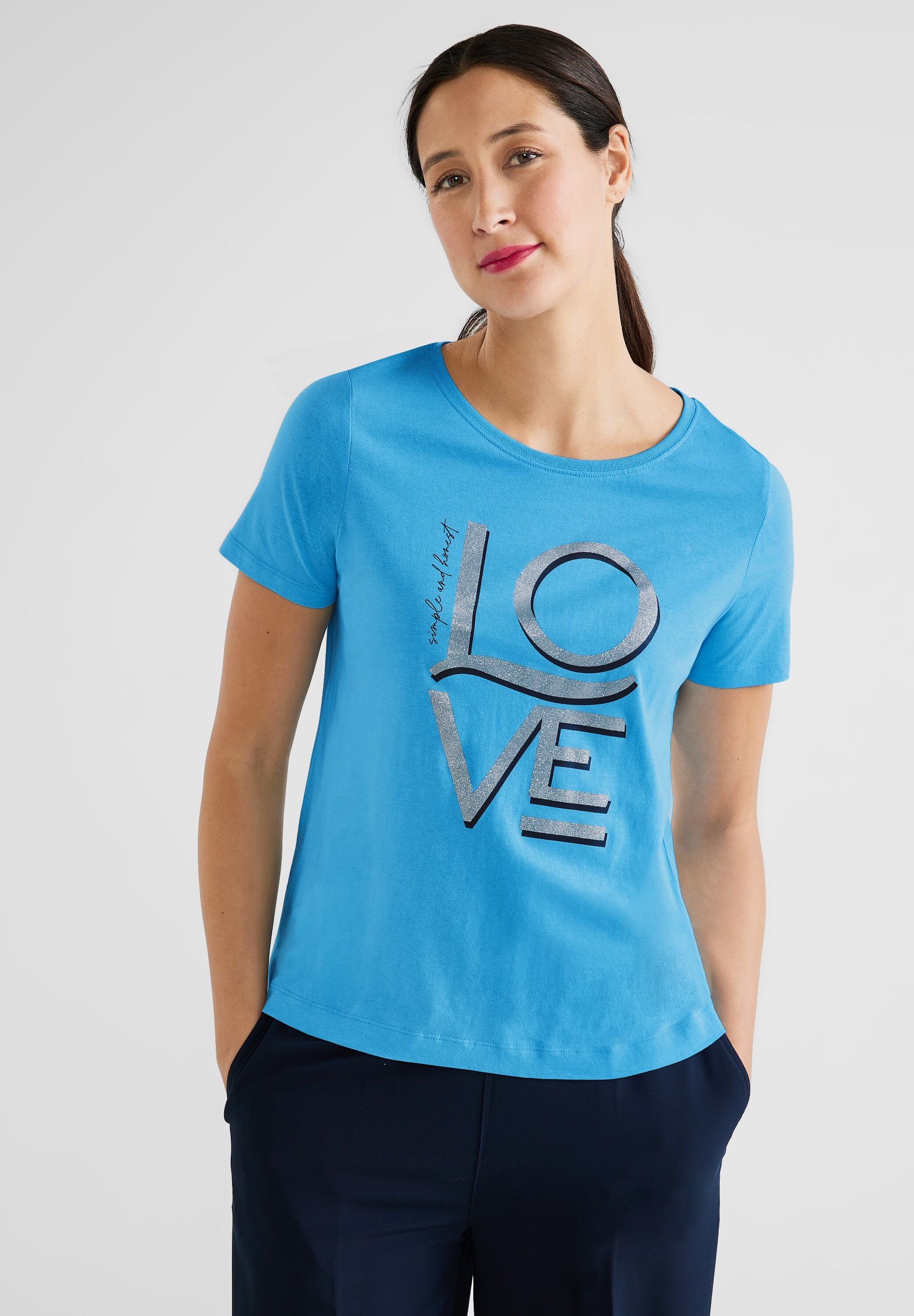 STREET ONE T-Shirt mit schimmerndem blue splash Schriftzug