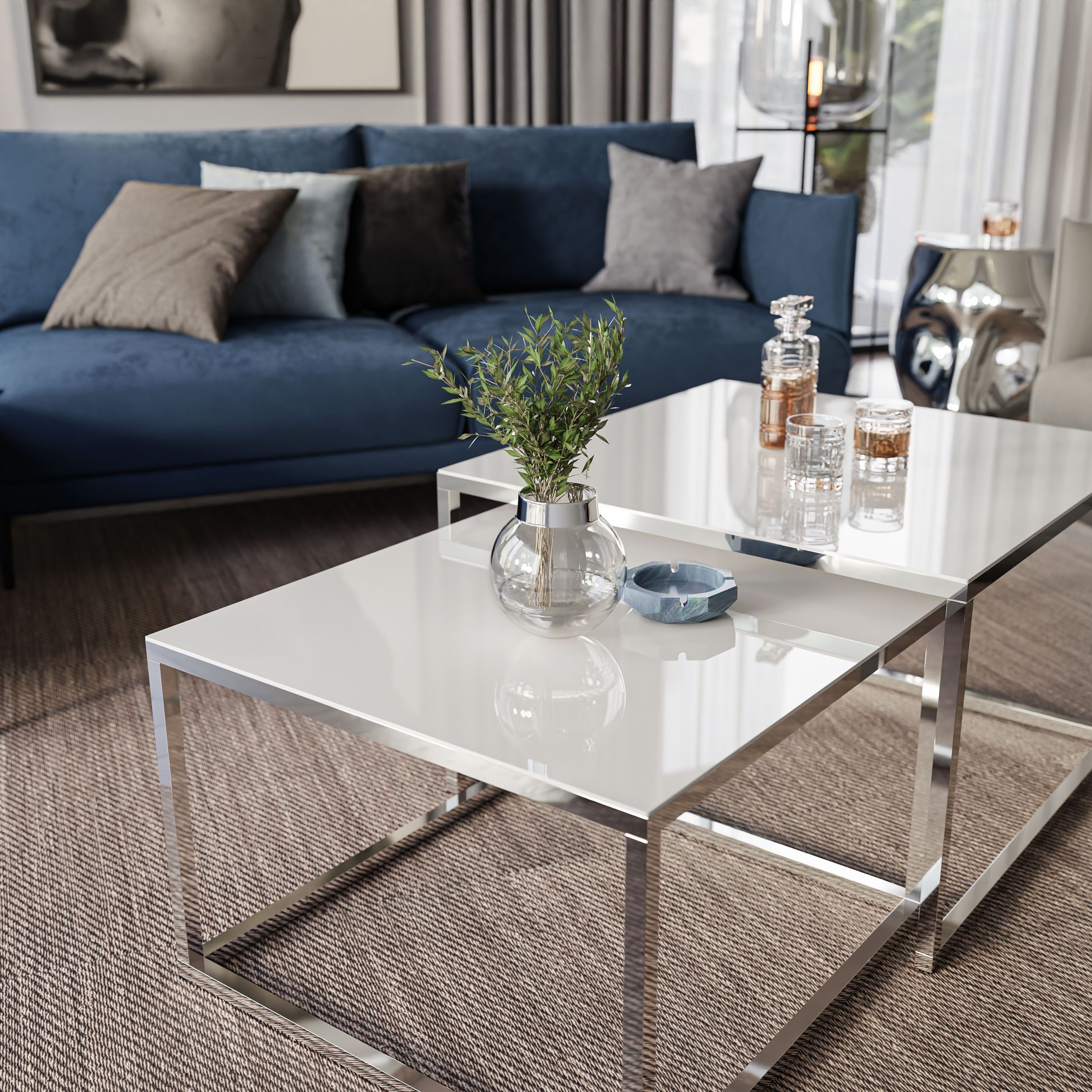 Lookway Couchtisch YOSHI GLASS 2in1 Chromgestell mit Glassplatte (2er-Set), Breite: 70 cm und 60 cm – Bild 4 von 5