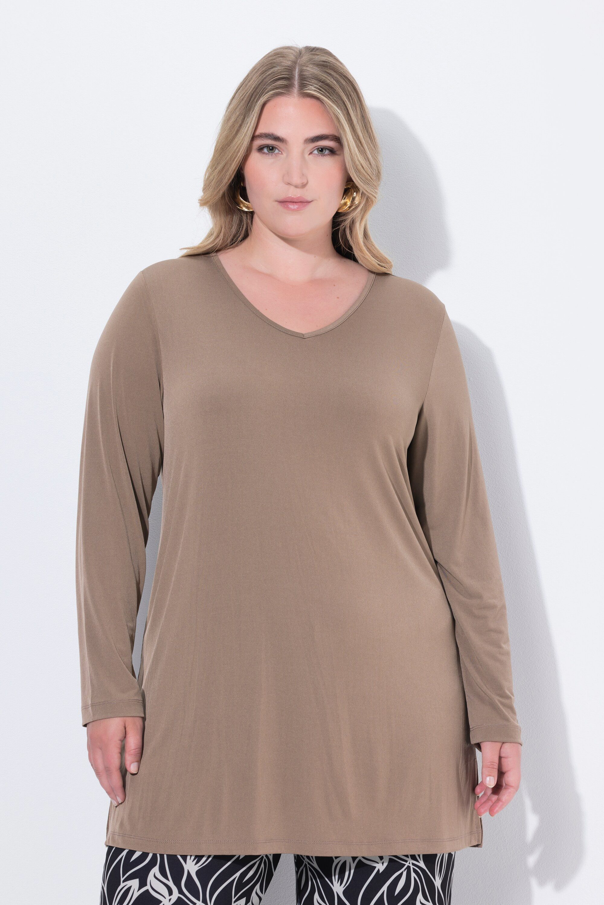 Longshirt Longshirt A-Linie V-Ausschnitt Langarm