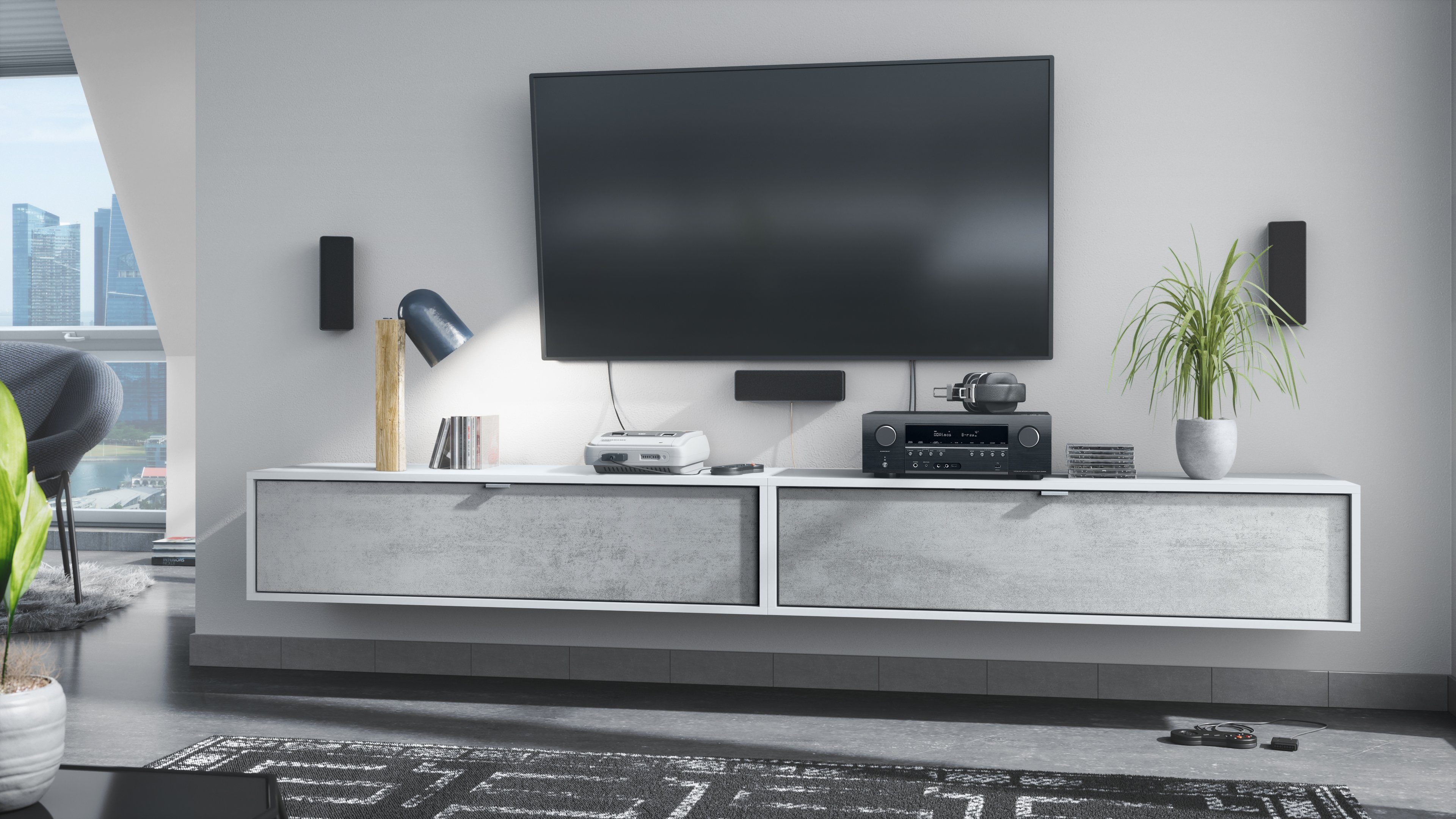 Vladon Lowboard Lana 1200 (2er-Set Tv-Kommode, mit Klappe dahinter 3 Fächer), Weiß matt/Beton Oxid Optik (120 x 29 x 37 cm)