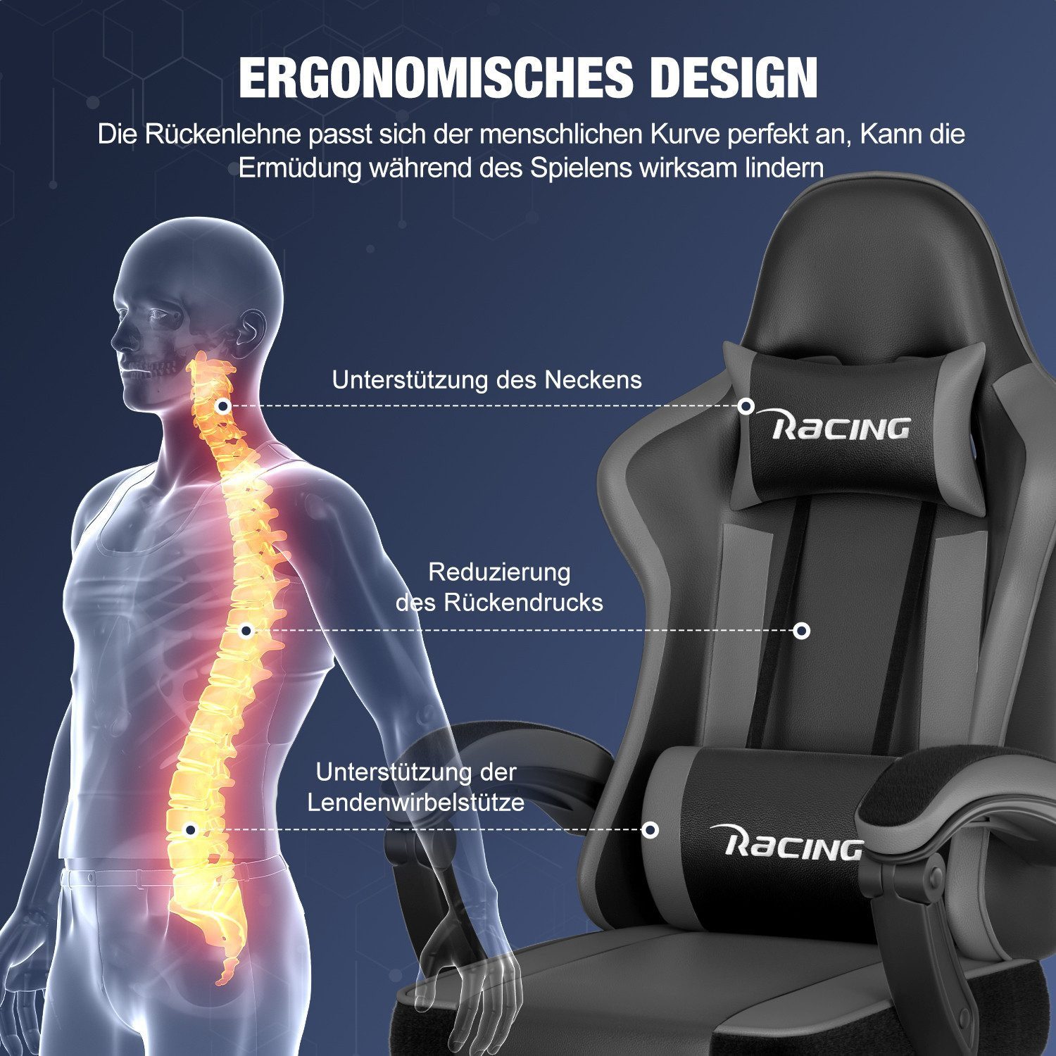 Hiazurm Gaming-Stuhl Gaming Stuhl Chair Gamer Sessel - Ergonomischer Gamer Stuhl (Tragkraft 150 Kg), Gamingstuhl mit Fußstütze Kopfstütze und Lordosenstütz PC Sessel