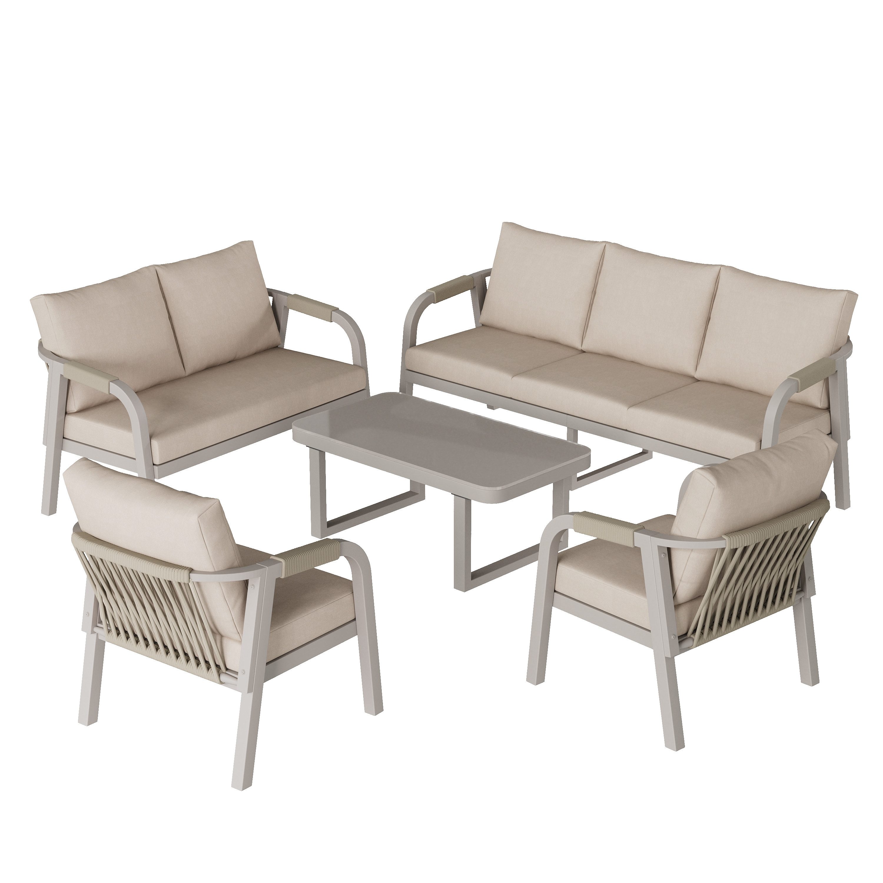 KLAM HOME Gartenlounge-Set Gartenlounge-Set für 7 Personen, 3+2 Sofa + 2 Sessel + Couchtisch, (Wetterfeste Sitzgruppe mit Seilgeflecht & verzinktem Eisenrahmen), Outdoor Garnitur mit Glas-Tischplatte für Garten, Terrasse & Balkon