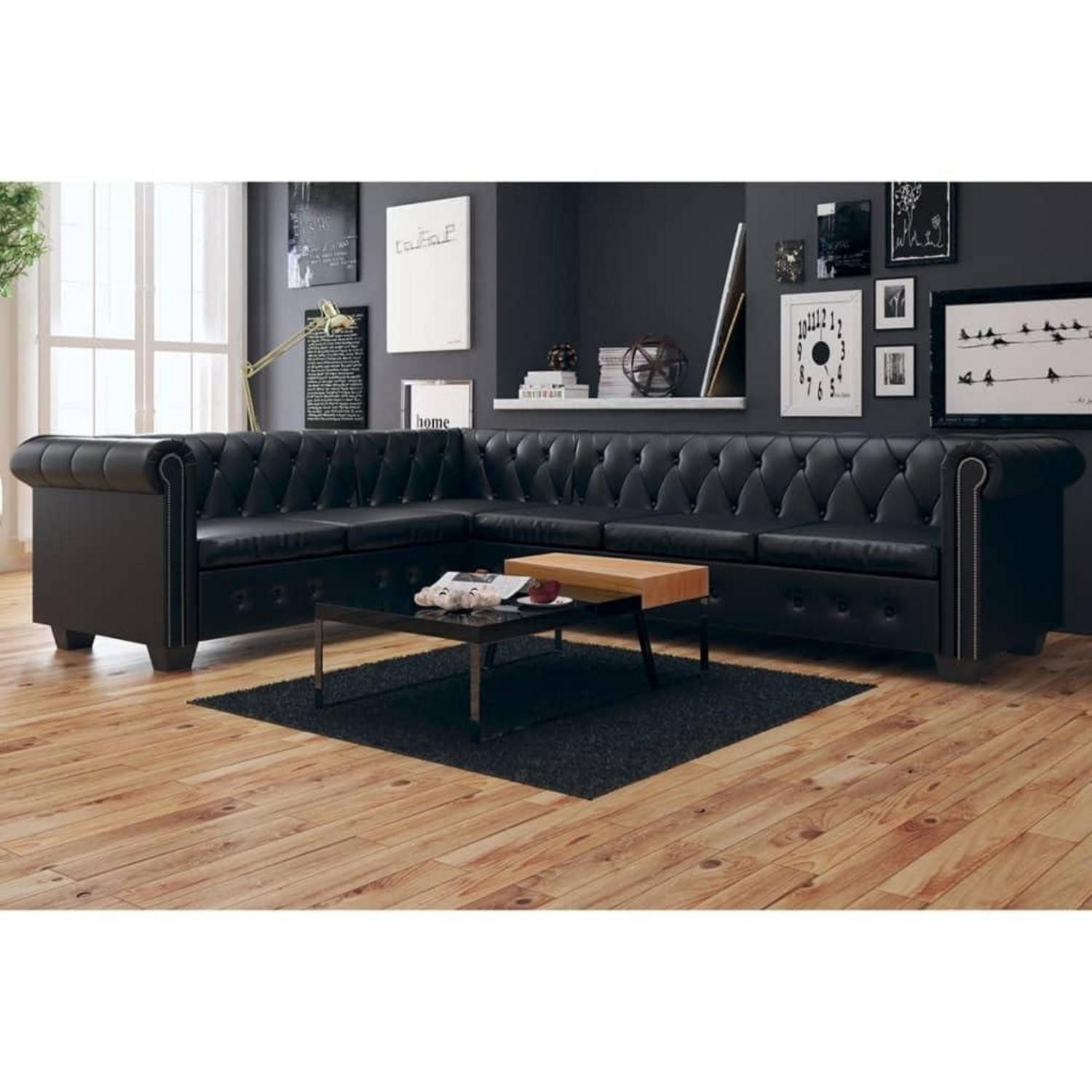 LuxusKollektion Ecksofa Ecksofa Chesterfield Echtleder Polstermöbel Bürosofa 6-Sitzer Schwarz