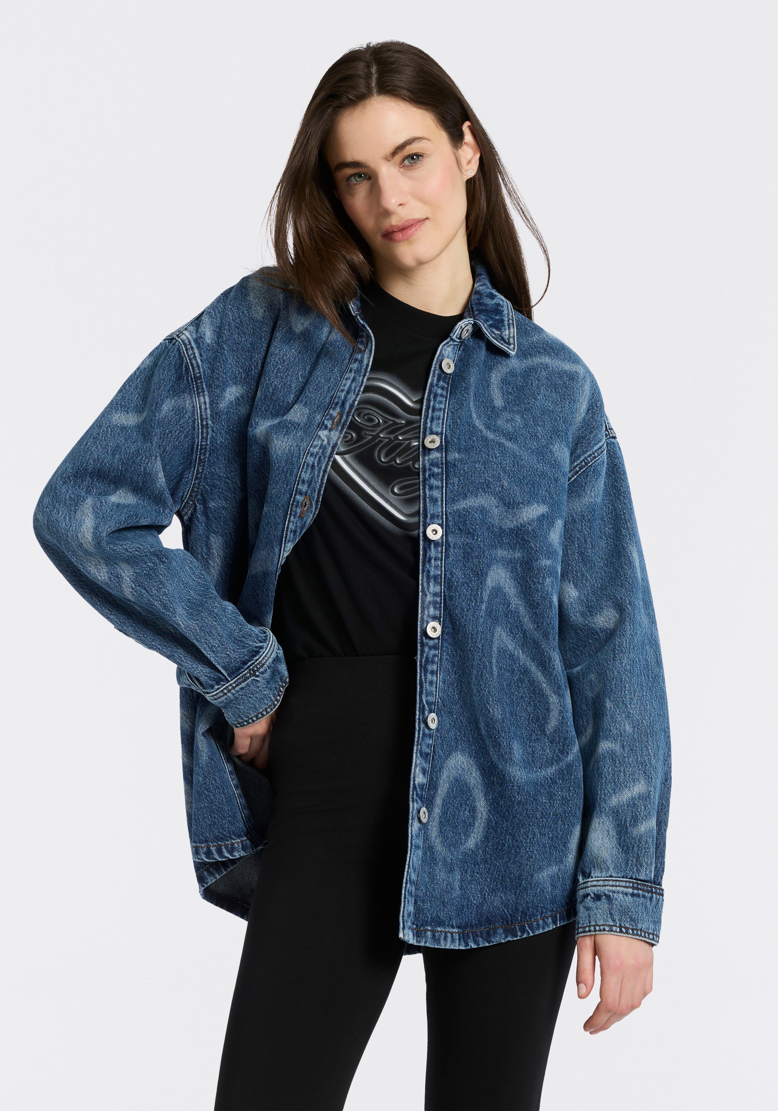 HUGO Blue Hemdbluse Garesa Denim mit Laserprint, Oversized Fit