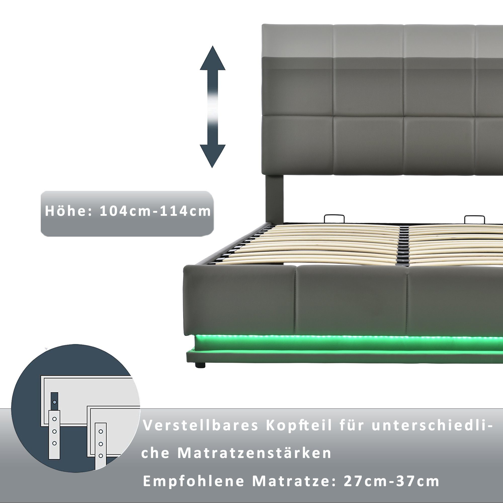 Flieks Polsterbett, Kunstleder 140x200cm hydraulisches Doppelbett LED Grau