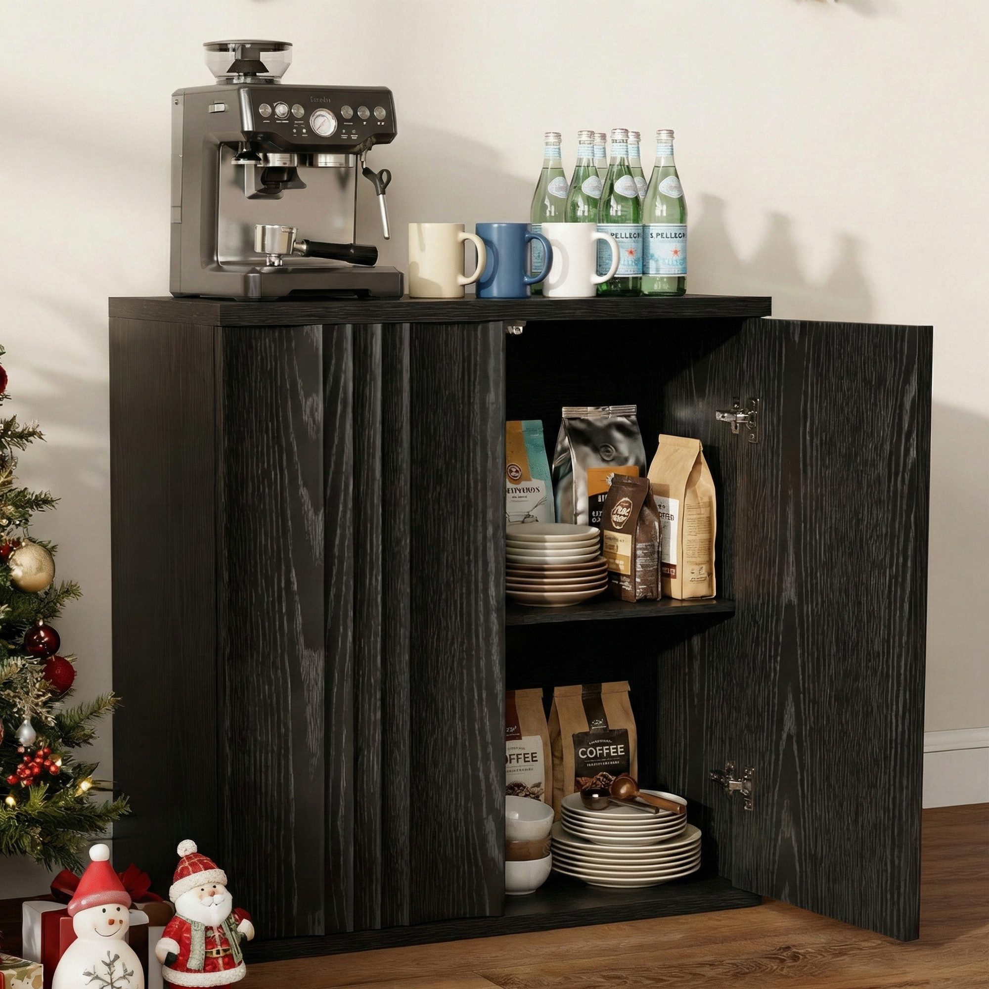 LVSOMT Sideboard Holz mit 2 Wellen Türen, 85cm Hoch Buffet Schrank (1 St), 80B x 85H x 40T, schwarz