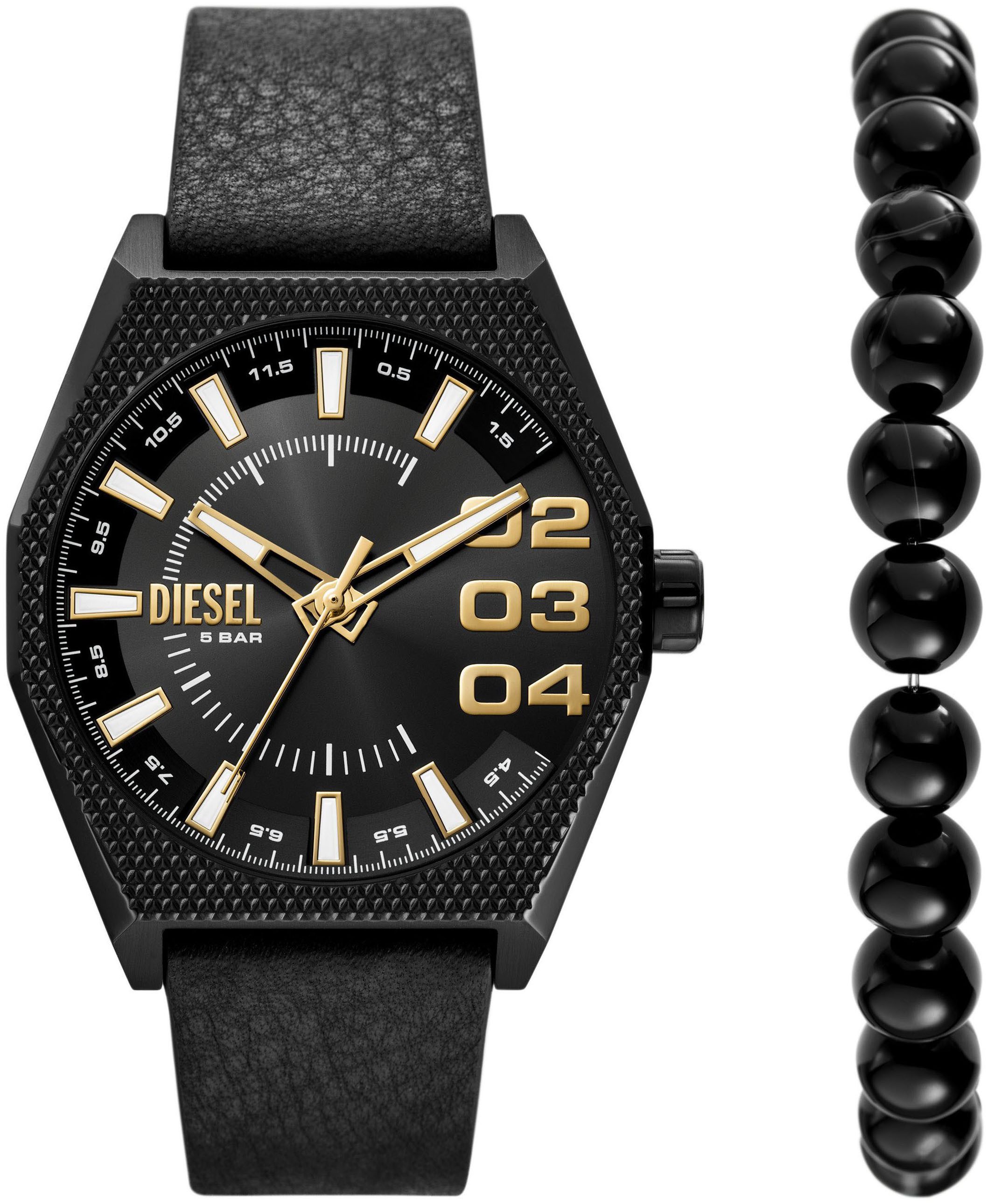 Diesel Quarzuhr SCRAPER DZ2210SET, (Set, 2-tlg., mit Armband), Armbanduhr, Herrenuhr, ideal auch als Geschenk, Lederarmband