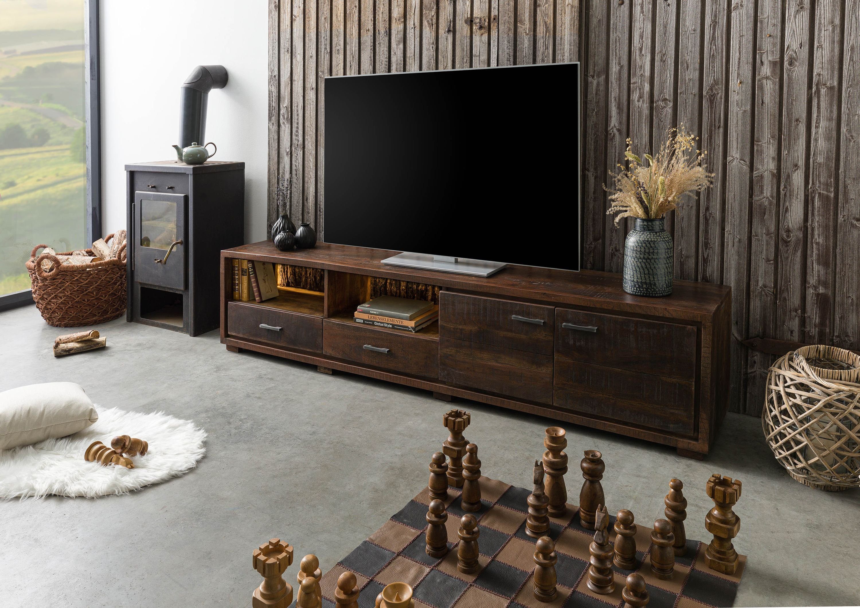 Massivmoebel24 TV-Board BARK (Massivholz), Akazie 220x40x47 dunkelbraun lackiert BARK #210