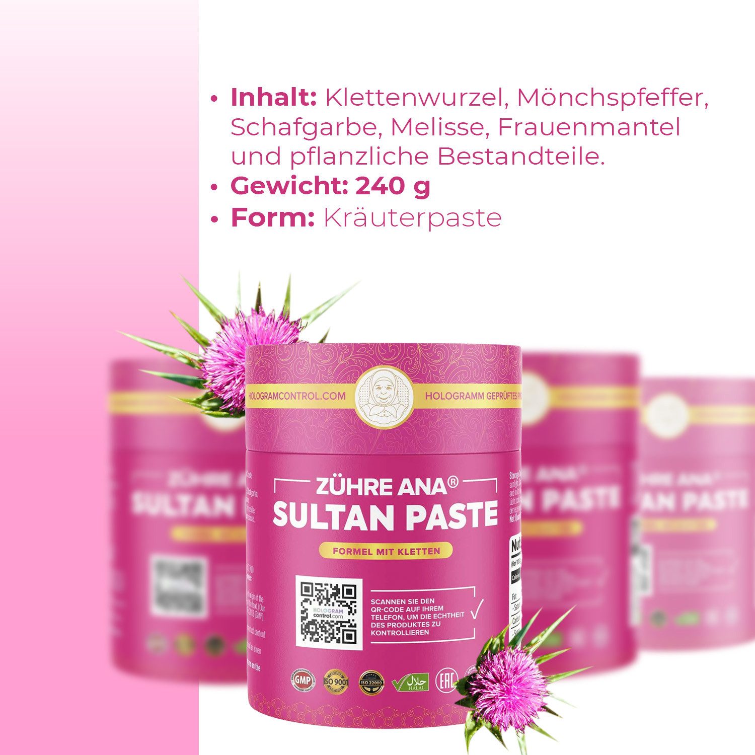 Zühre Ana® Sultanpaste – Paste mit Klettenwurzel, Mönchspfeffer und Schafgarbe Paste, 240 g, Sultanpaste–Natürliche Heilkräuter & Vitamin B12 Formel