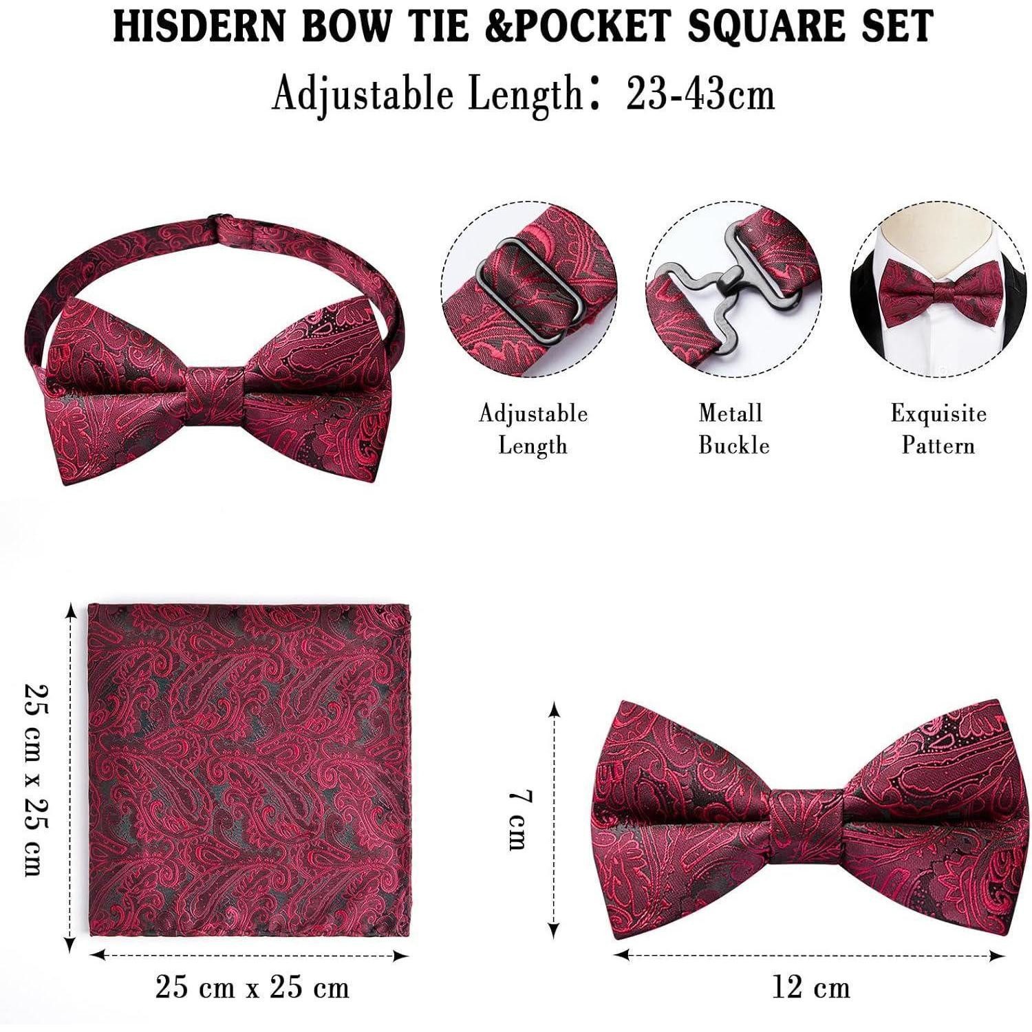 LuxusKollektion Fliege Fliege Herren Paisley Einstecktuch Manschettenknöpfe Set A2 Bordeaux – Bild 3 von 5
