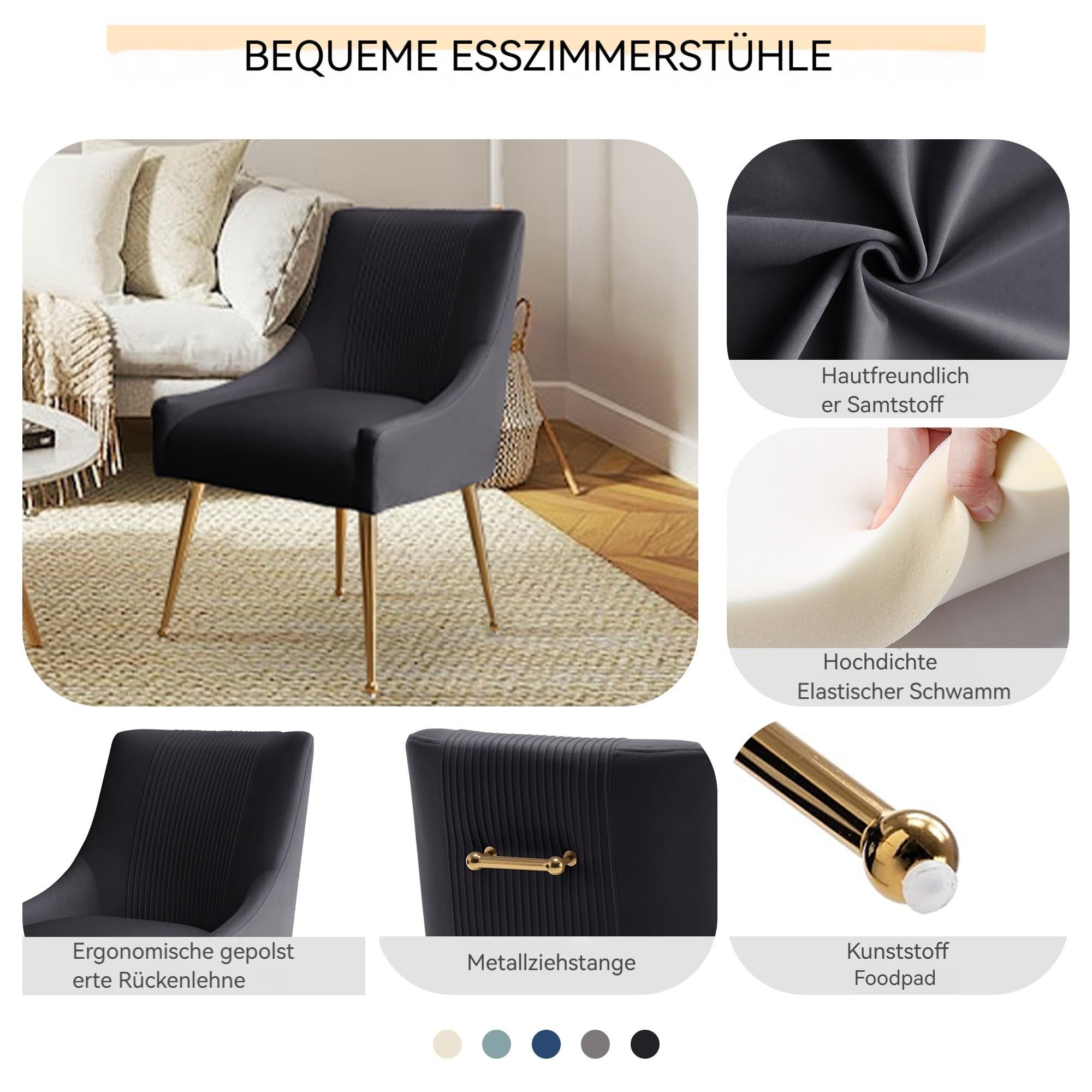 SEYNAR Esszimmerstuhl Polsterstuhl Samtstuhl Wohnzimmerstuhl mit goldenen Beinen (2 St), getufteter Akzentstuhl für Wohnzimmer Arbeitszimmer – Bild 4 von 5