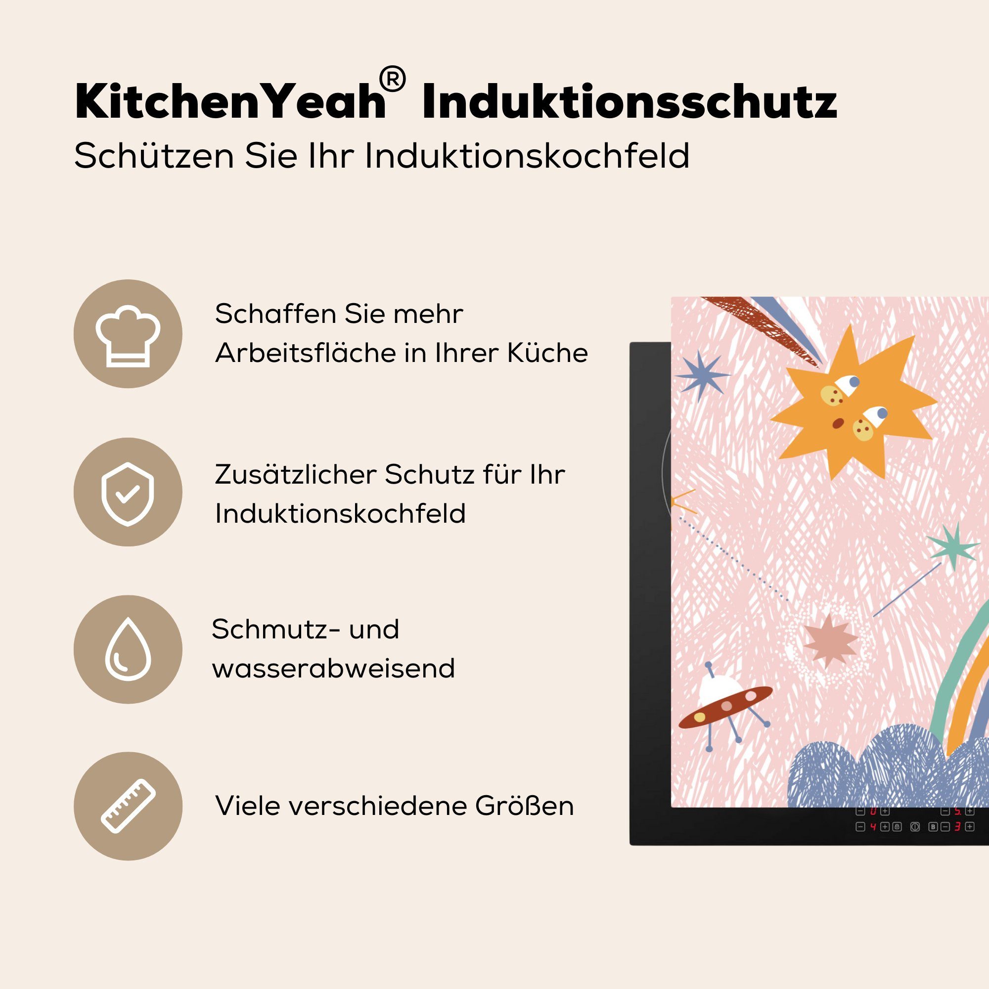 MuchoWow Kind Induktionskochfeld Vinyl, küche, Raum 81x52 (1 tlg), - cm, Schutz Regenbogen, für Herdblende-/Abdeckplatte - Ceranfeldabdeckung die