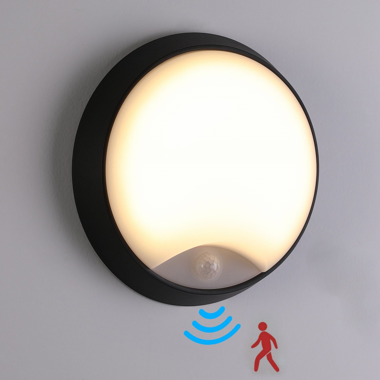 iscooter Außen-Wandleuchte LED Wandleuchte Wand-Lampe mit Bewegungsmelder IP54 Rund Innen Außen, LED fest integriert, Warmweiß, 10W LED Aussenleuchte, 10 m Reichweite, Außenbeleuchtung von Wänden