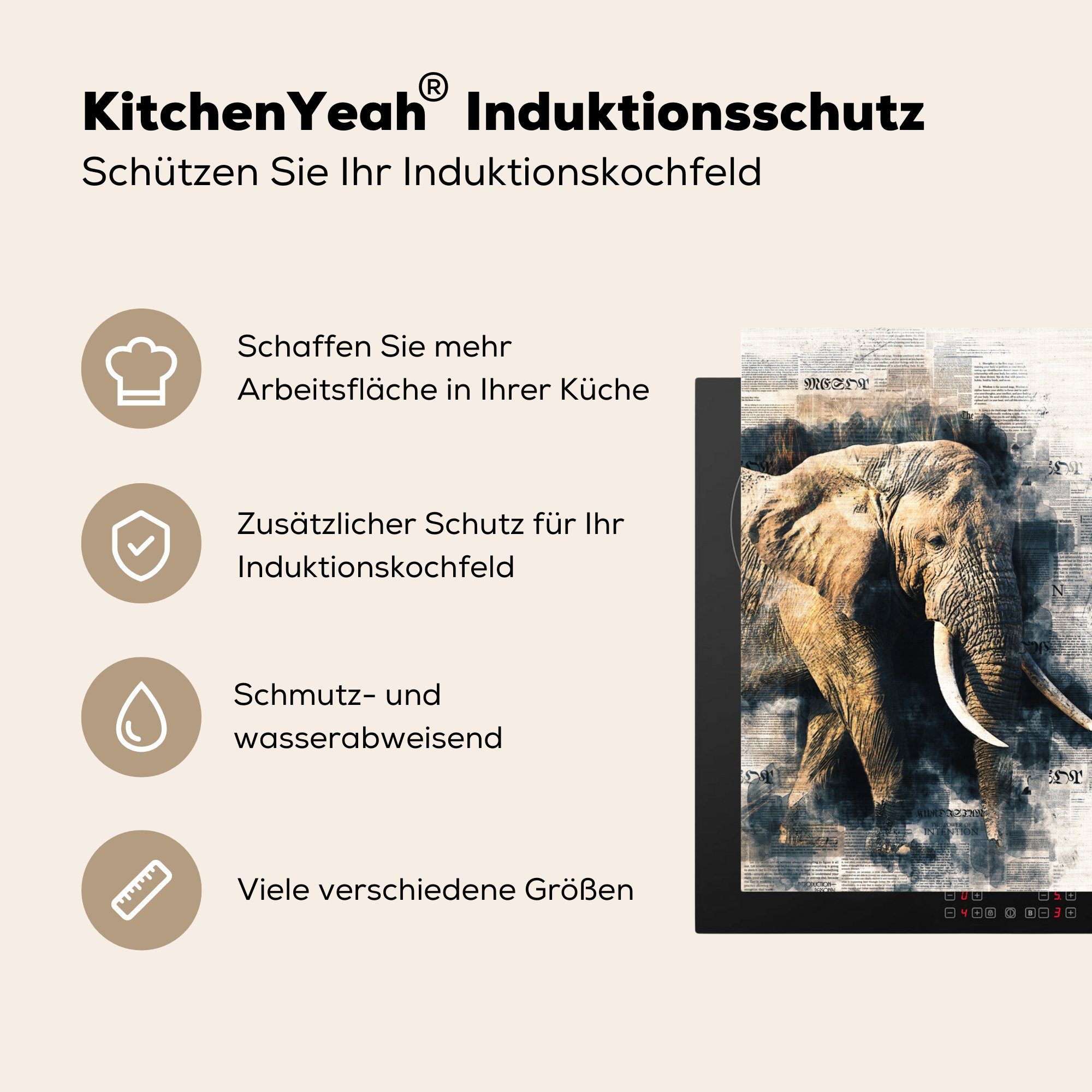 MuchoWow Herdblende-/Abdeckplatte Elefant Ceranfeldabdeckung, cm, - tlg), Papier Arbeitsplatte Farbe, Vinyl, (1 78x78 - küche für