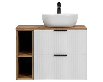 einfachgutemoebel Waschtisch-Set Badezimmer Waschplatz Blanchette 80cm, mit Regalfach, weiß-eiche, (Badmöbel Set, 1-St., Waschtisch Unterschrank mit Becken)