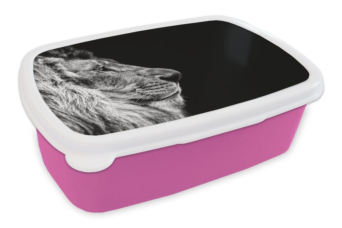 MuchoWow Lunchbox Löwe Kinder, Weiß, Erwachsene, - Mädchen, Snackbox, (2-tlg), Brotbox rosa Brotdose - für Profil - Kunststoff Schwarz Kunststoff