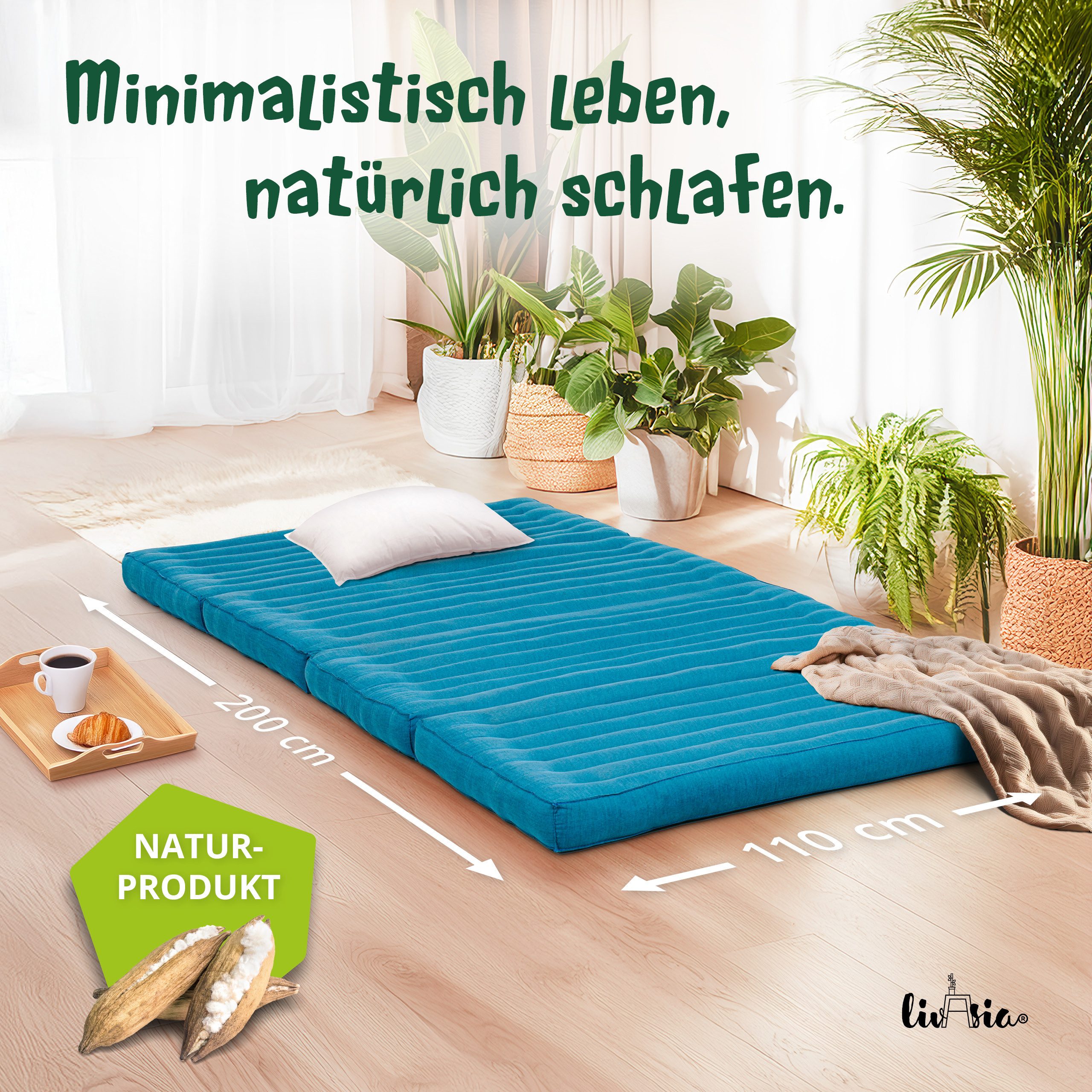 Klappmatratze Faltmatratze 110 cm breit (Basic) - 200x110x8cm -, livasia, 8 cm hoch, Kapok, vegan, handgefertigt