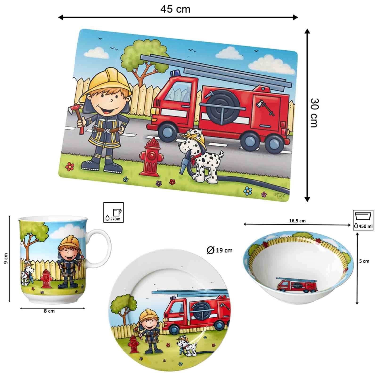 Ritzenhoff & Breker Kindergeschirr-Set Feuerwehrmann Bernie Kindergeschirr mit Platzset (4-tlg), Porzellan