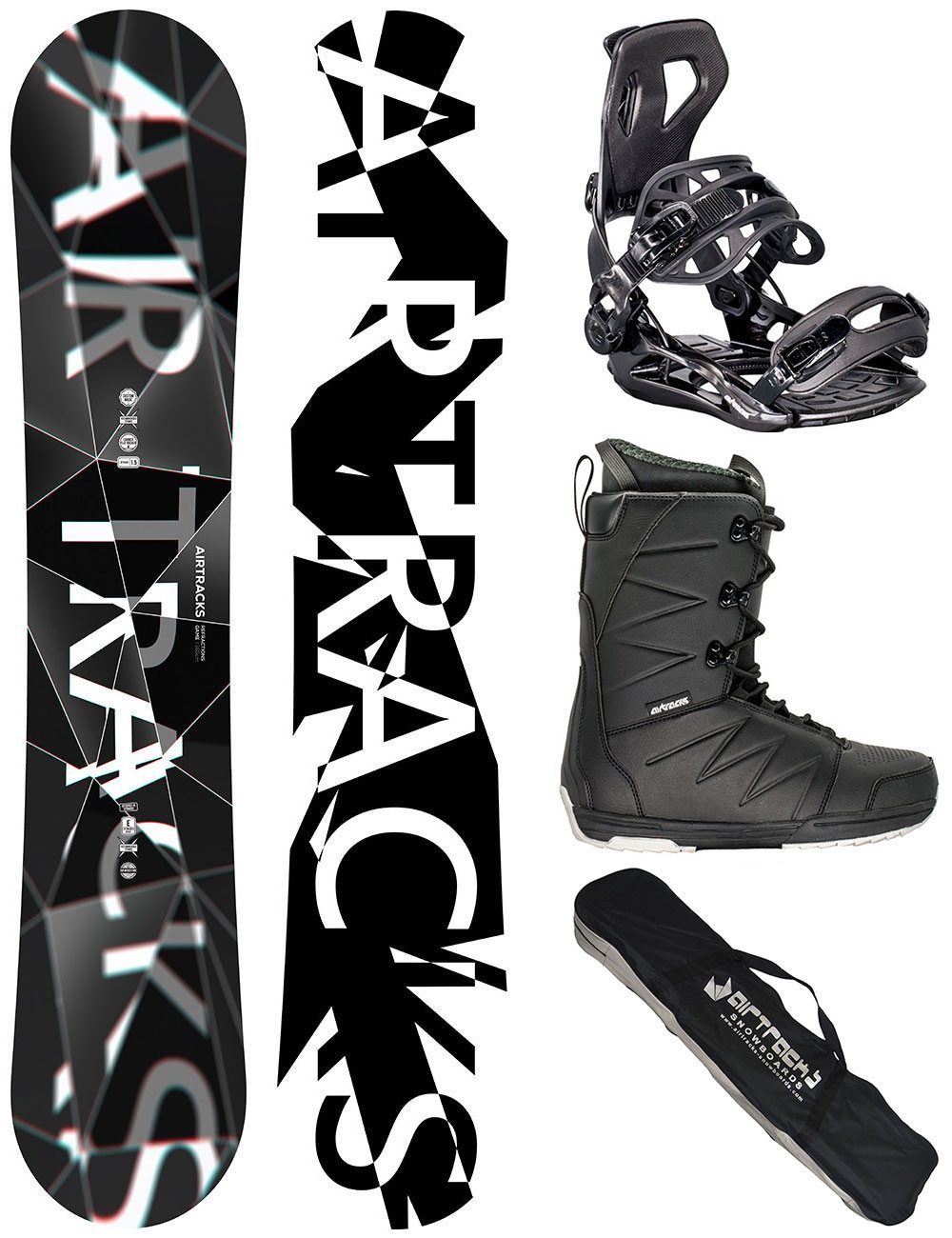 Airtracks Snowboard Snowboard Komplett Set Refractions Game Wide / Mod. 25 (4 St., 4er Pack), Snowboard + Bindung Master + Boots + Bag / 155 159 161 165 168 171 cm