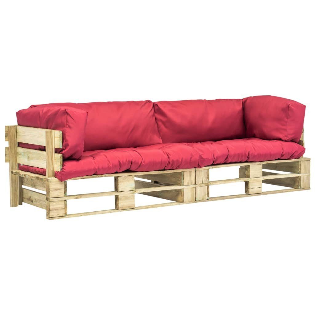 vidaXL Loungesofa 2-tlg. Outdoor-Sofa-Set Paletten mit Kissen in Rot Kiefernholz, 2 Teile Grün und Rot